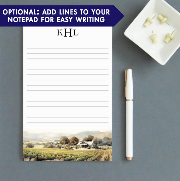 Watercolor Vineyard Landscape Personalized 3 Initial Notepad - Modern ...