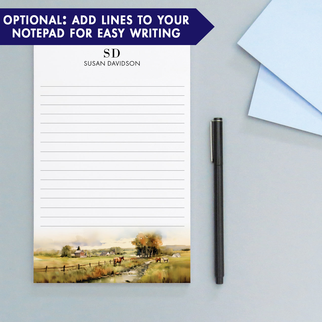 Farm Landscape Personalized Monogram Initial Notepad With Horses
