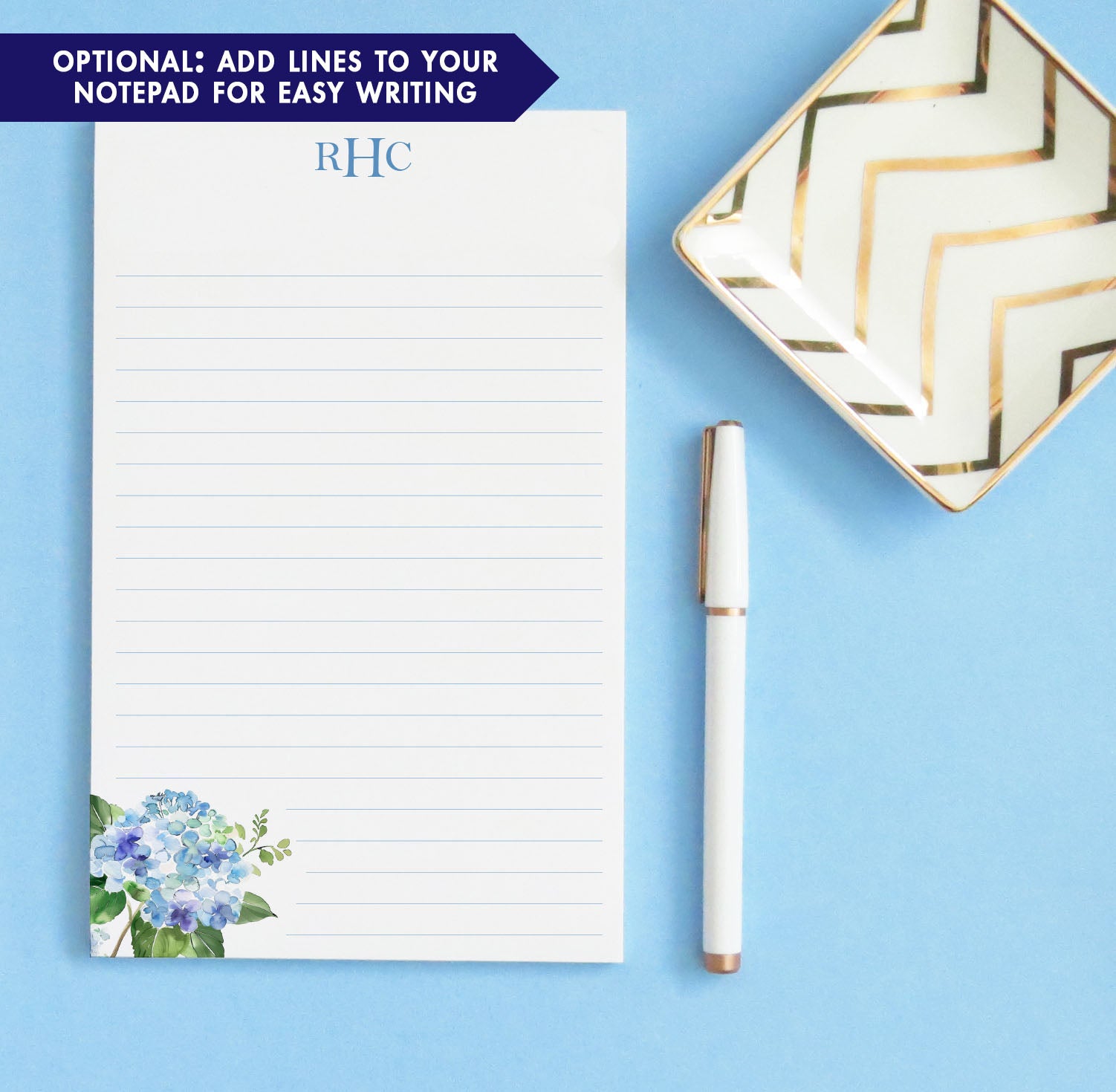Blue Hydrangea Customized Monogrammed Notepad With Initials 