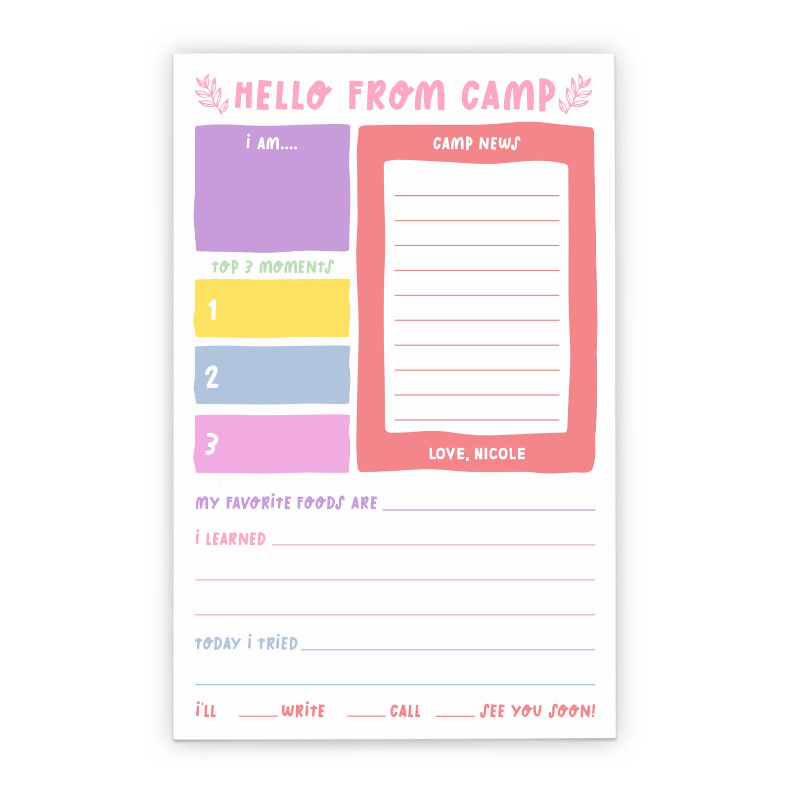 Colorful Camp Fill In The Blank Stationery Notepad For Girls