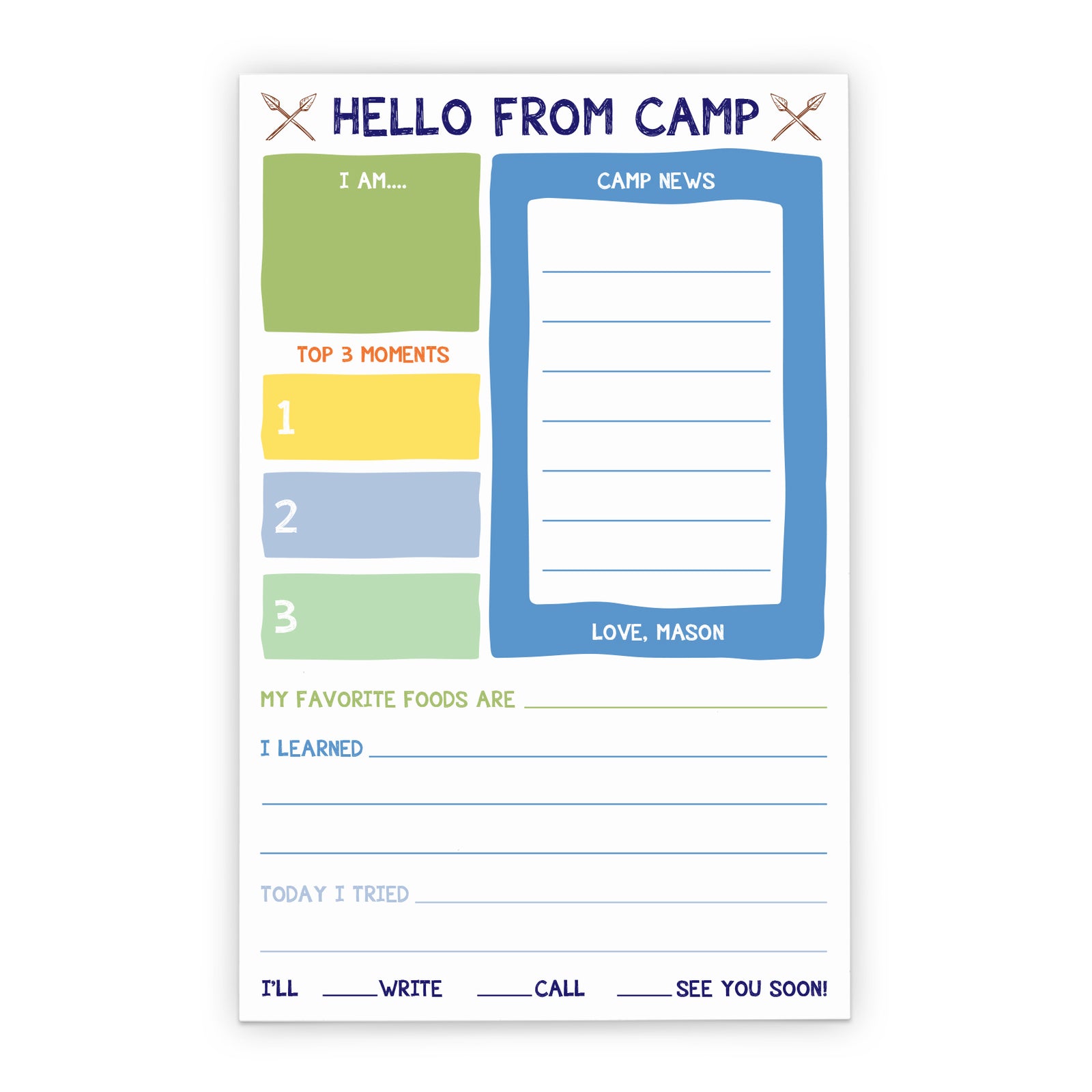 Custom Camp Fill In The Blank Stationery Notepad For Boys