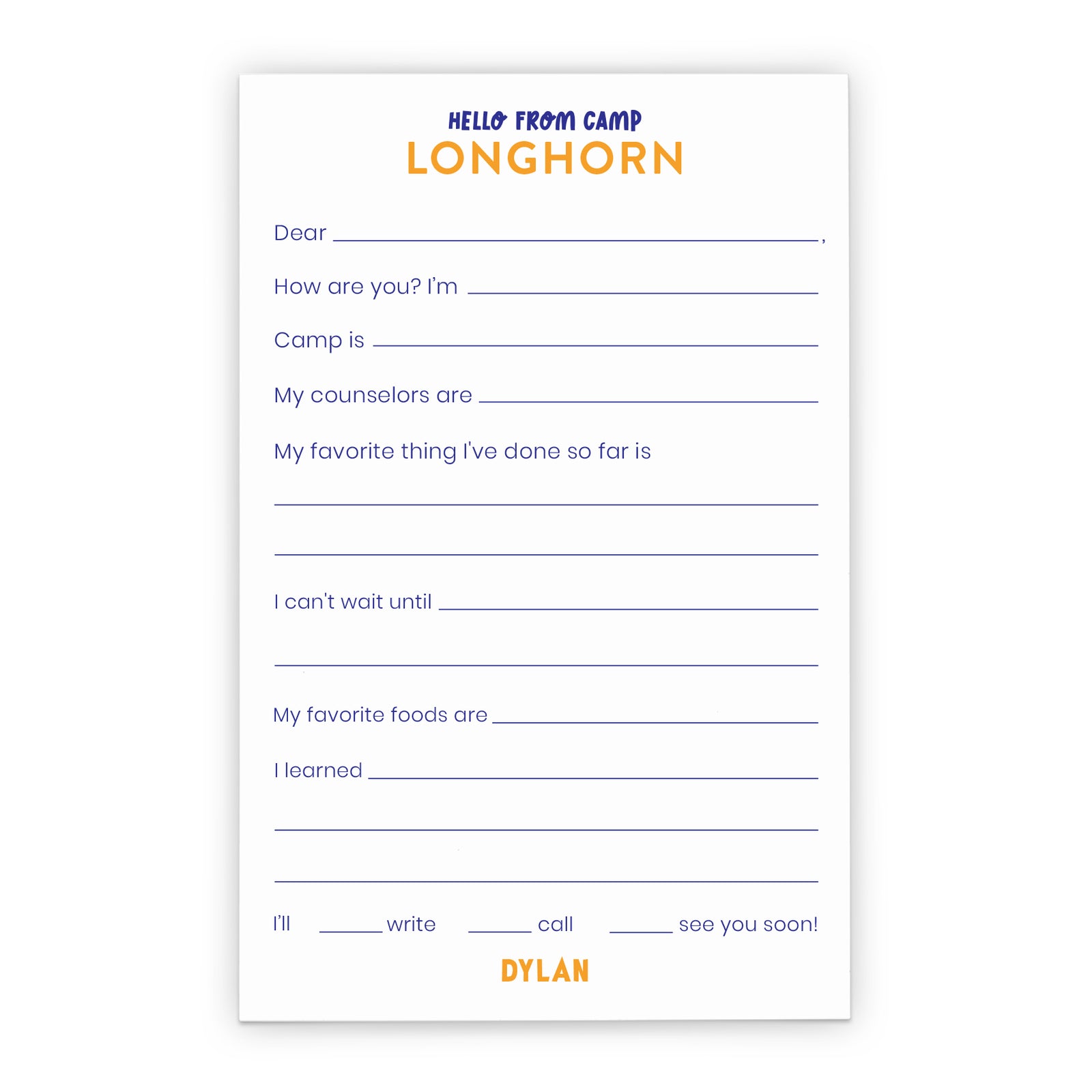 Custom Sleepaway Camp Stationery Fill In The Blank With Name
