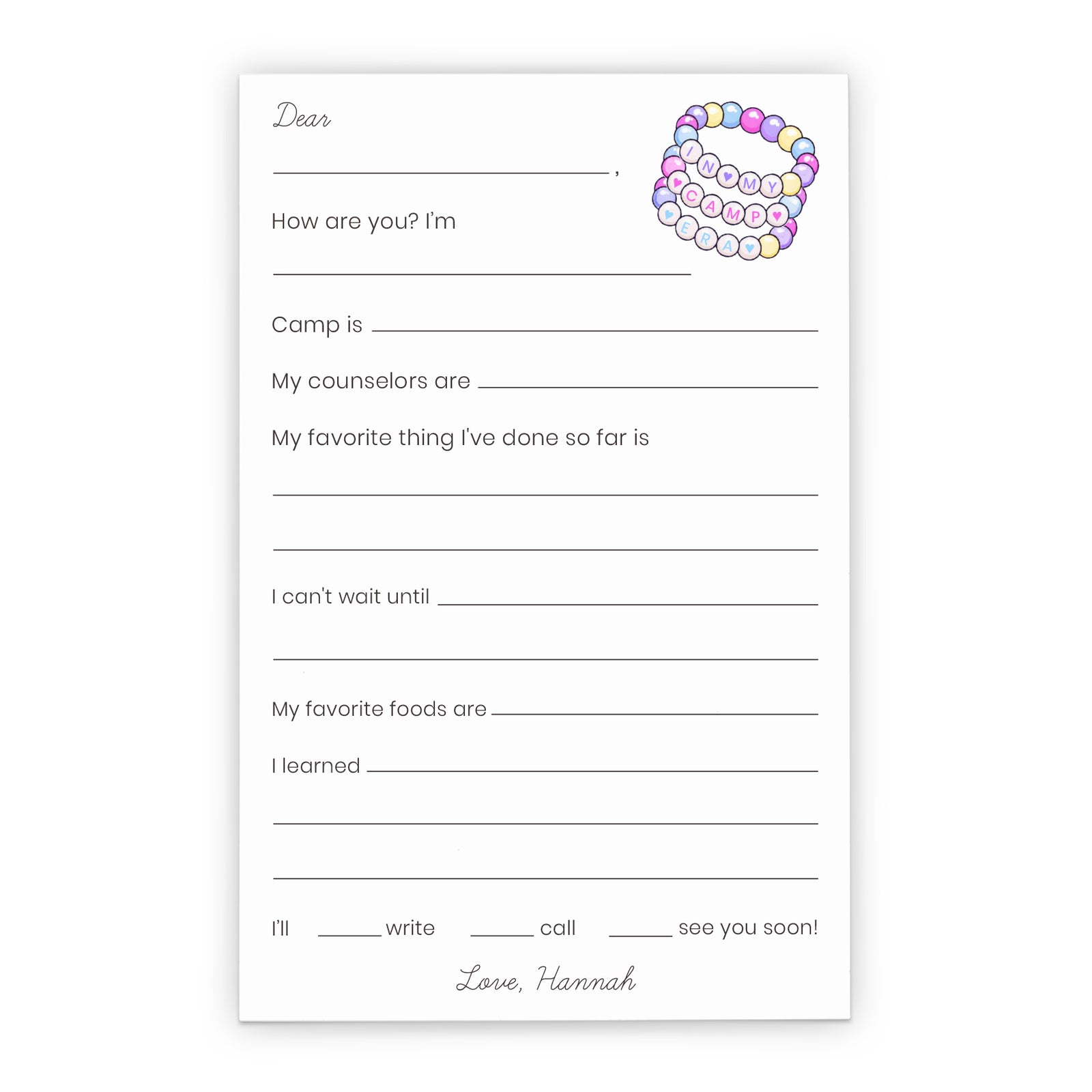 Cute Personalized Fill In The Blank Camp Letters For Kids