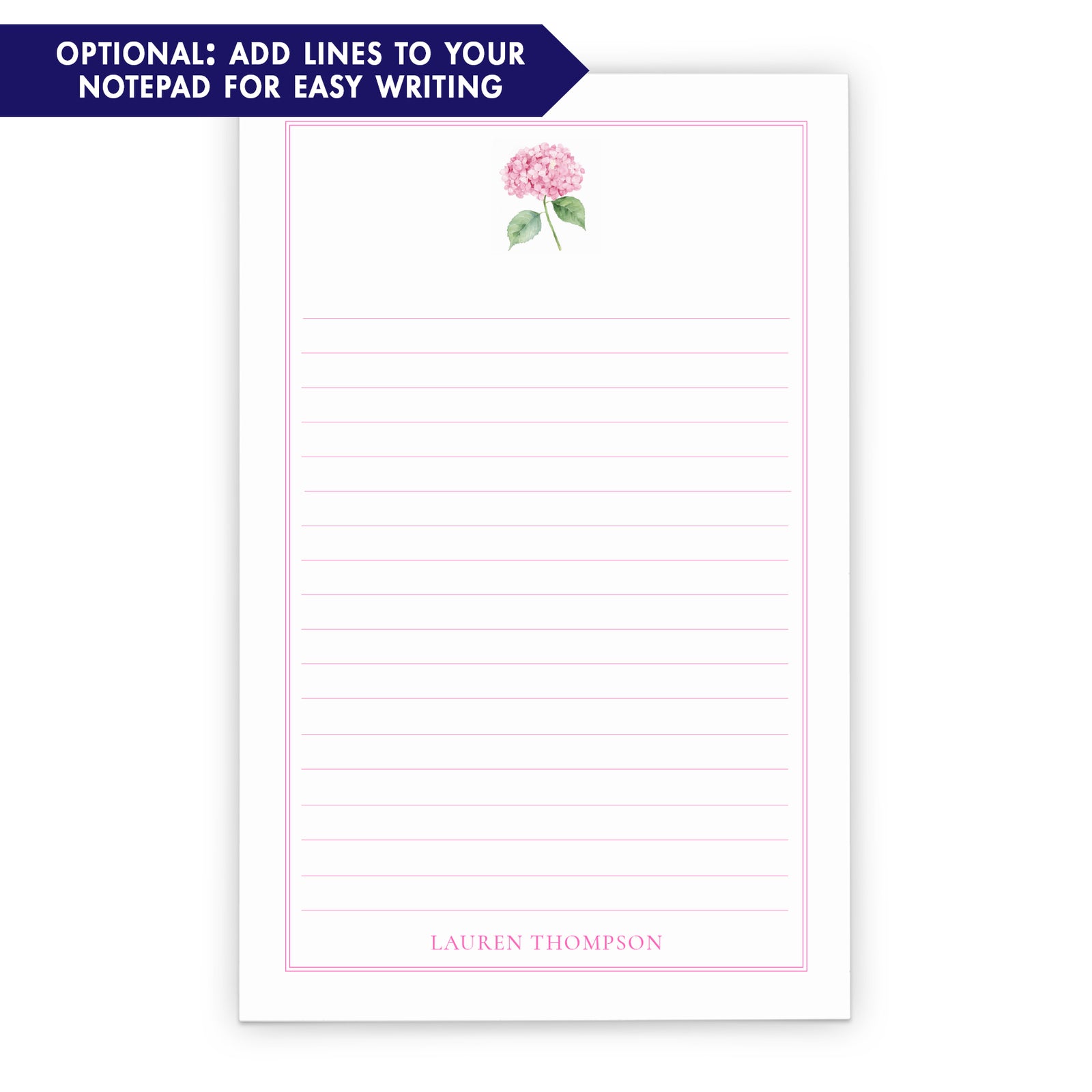 Pink Hydrangea Personalized Notepad With Border