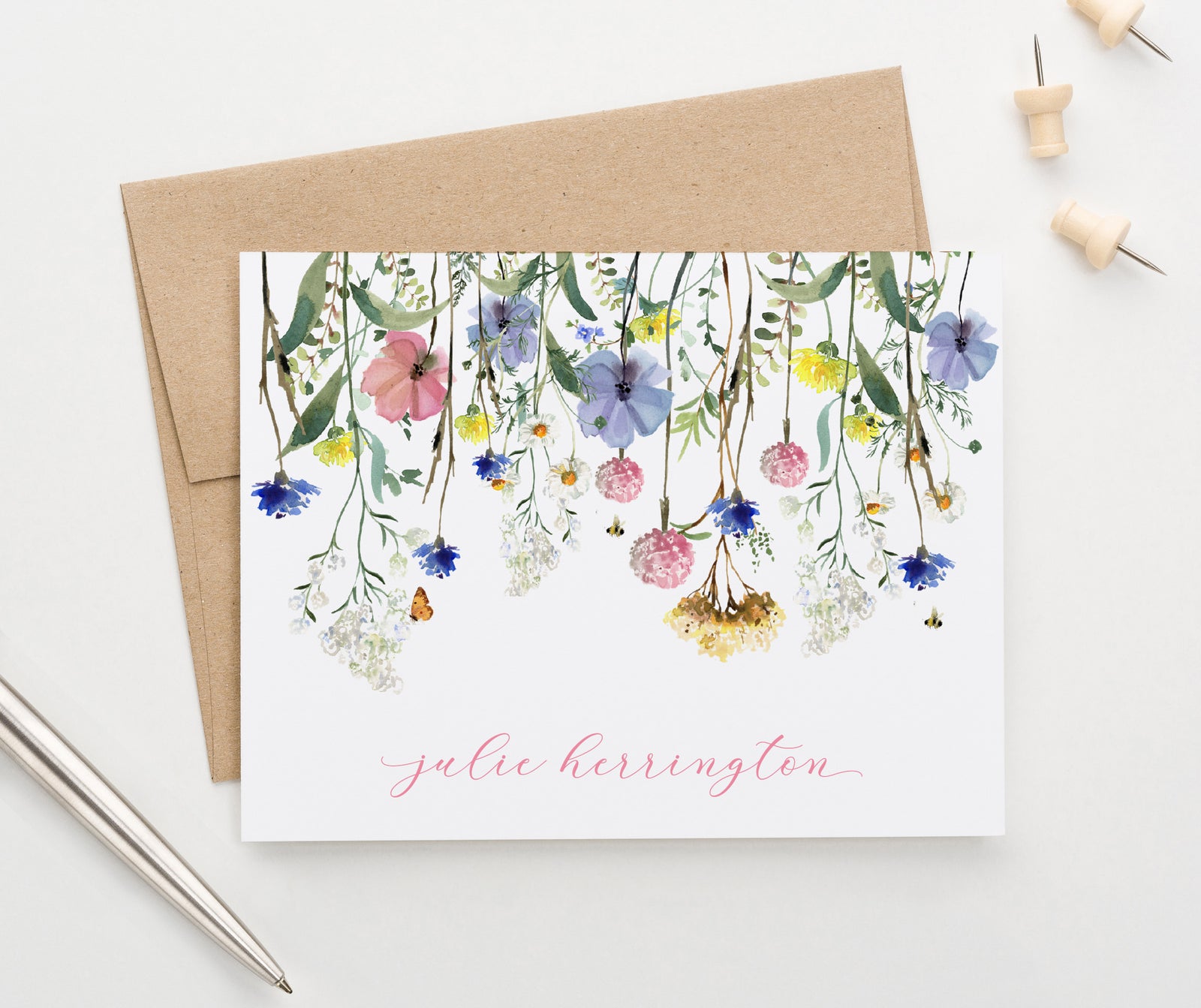 PS195 custom stationery note cards with Wildflowers spring summer bees butterflies floral