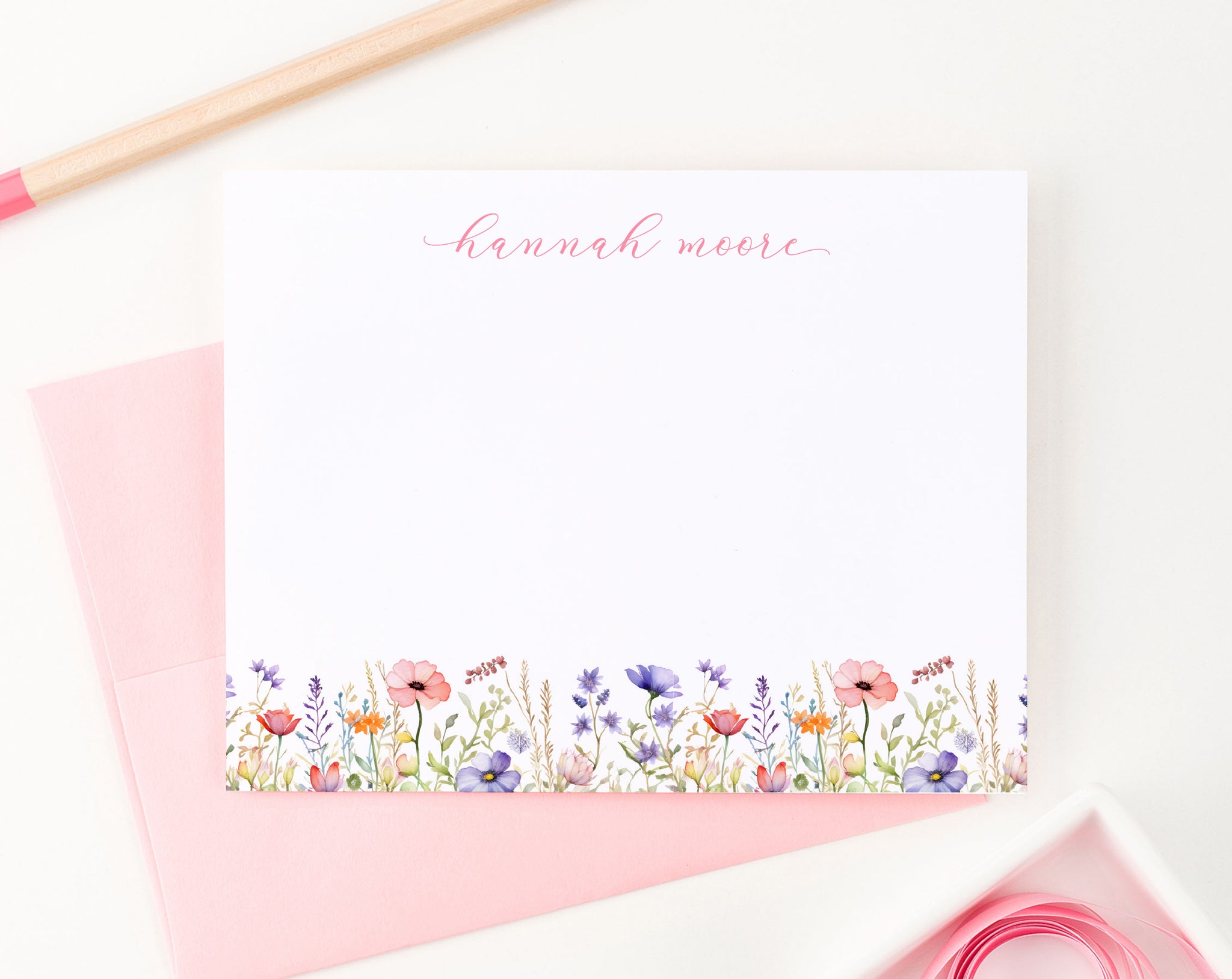 Spring Floral Personalized Stationery Note Cards - Modern Pink Paper