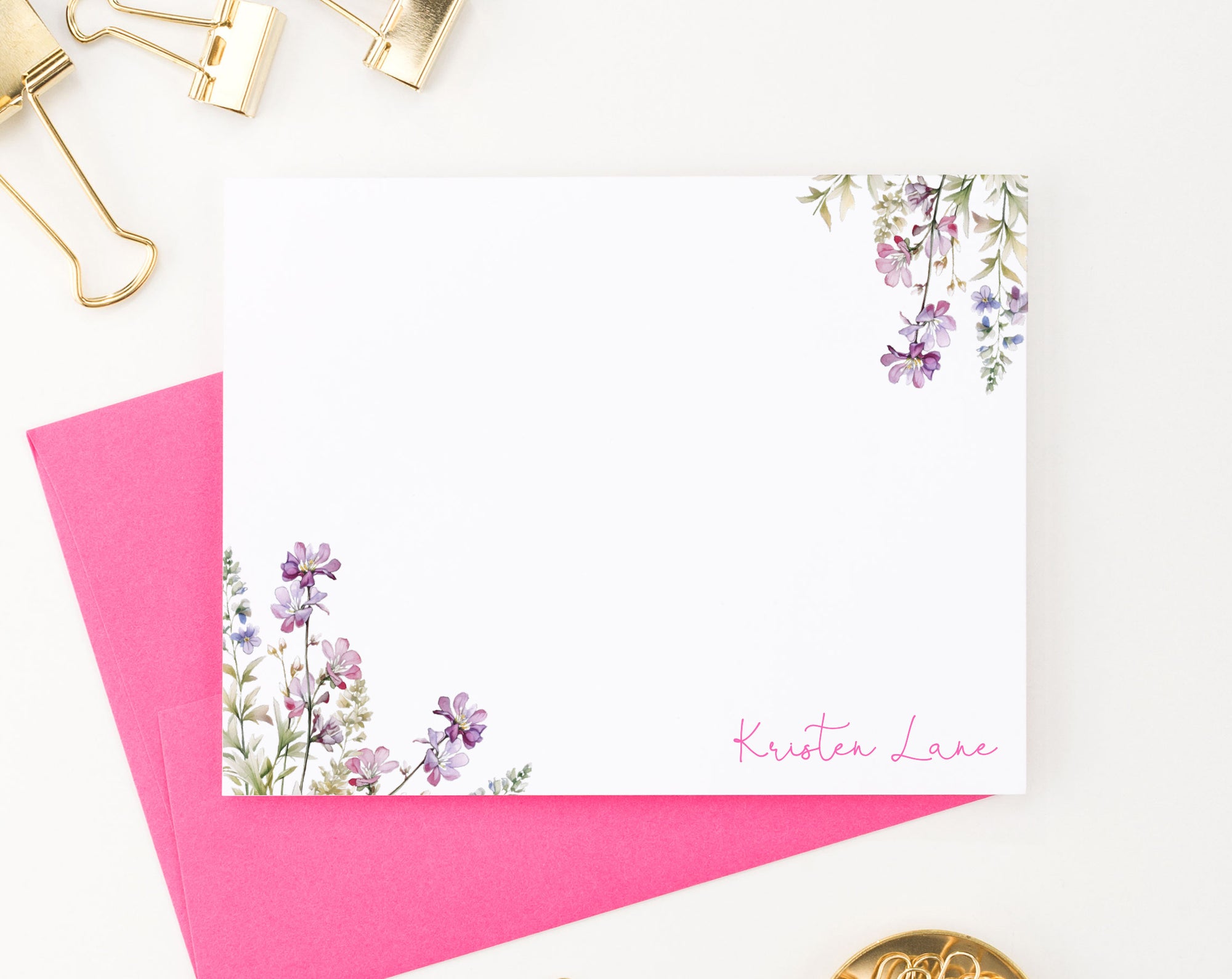 PS199 Purple Floral custom note cards for Women wildflower elegant script greenery
