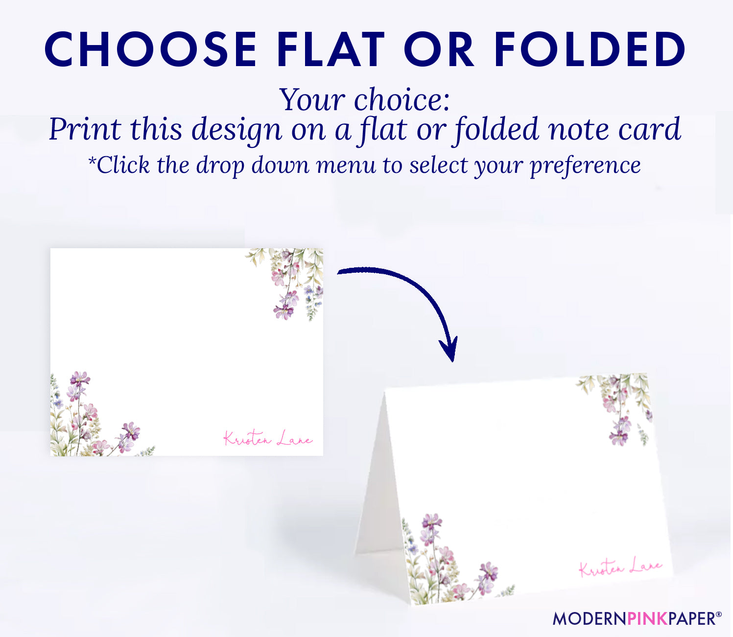 PS199 Purple Floral custom note cards for Women wildflower elegant script greenery