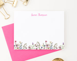 PS201 Pink Spring Floral personalized note cards watercolor wildflower summer elegant