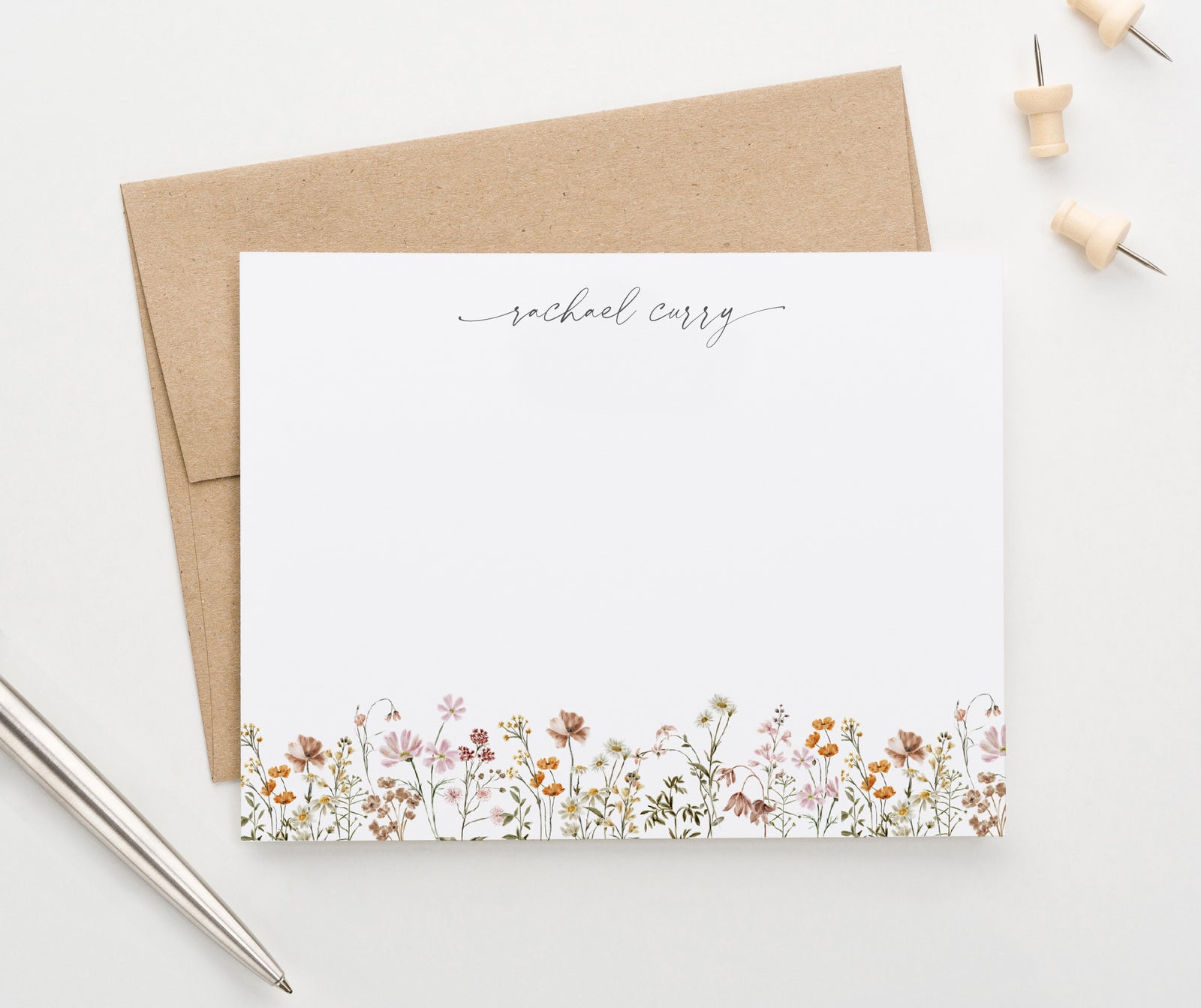 PS204 Rustic Fall Wildflower Stationery Custom Note Cards Florals summer script women pink orange