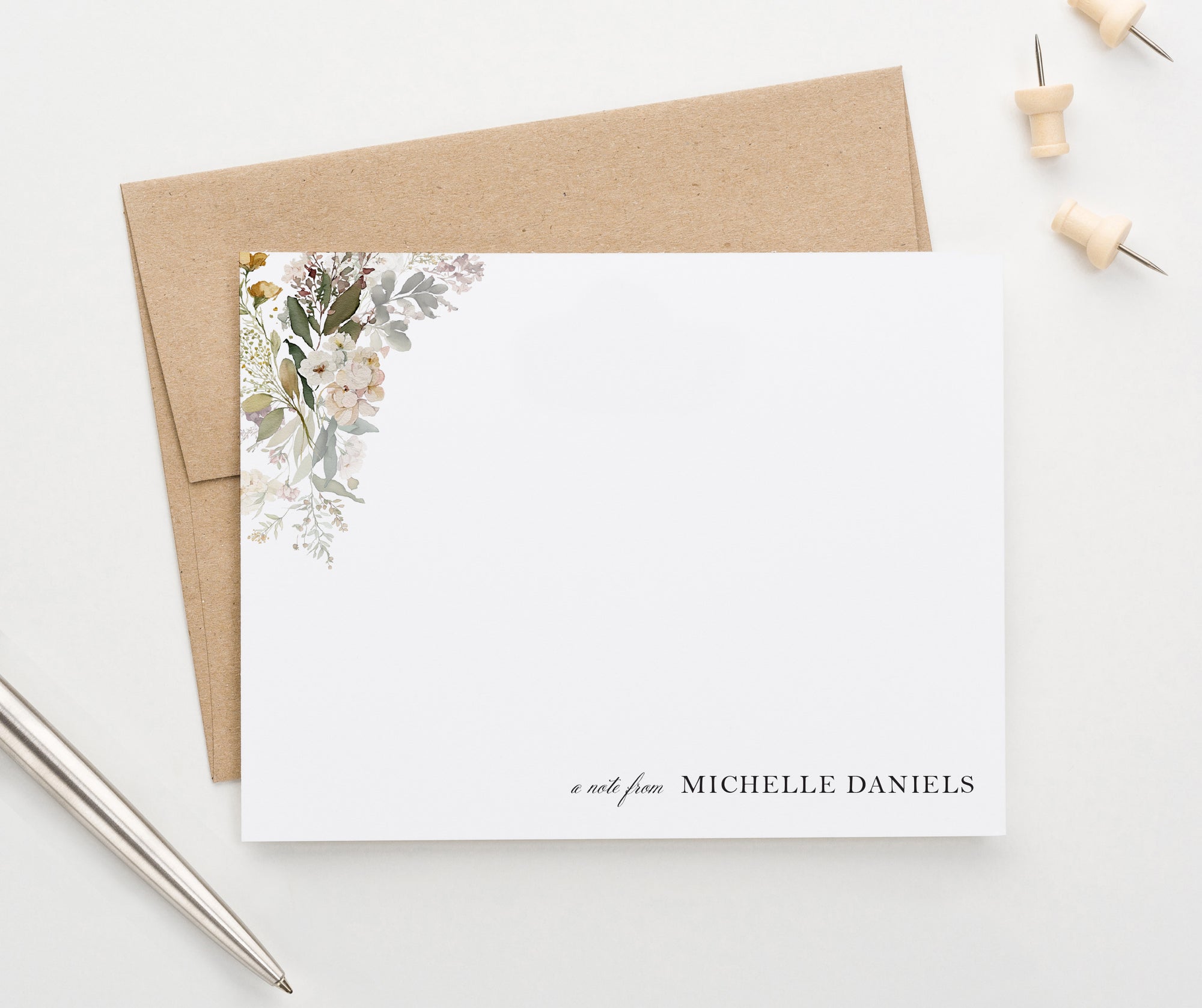 Elegant Floral Custom Stationery Note Cards with Greenery