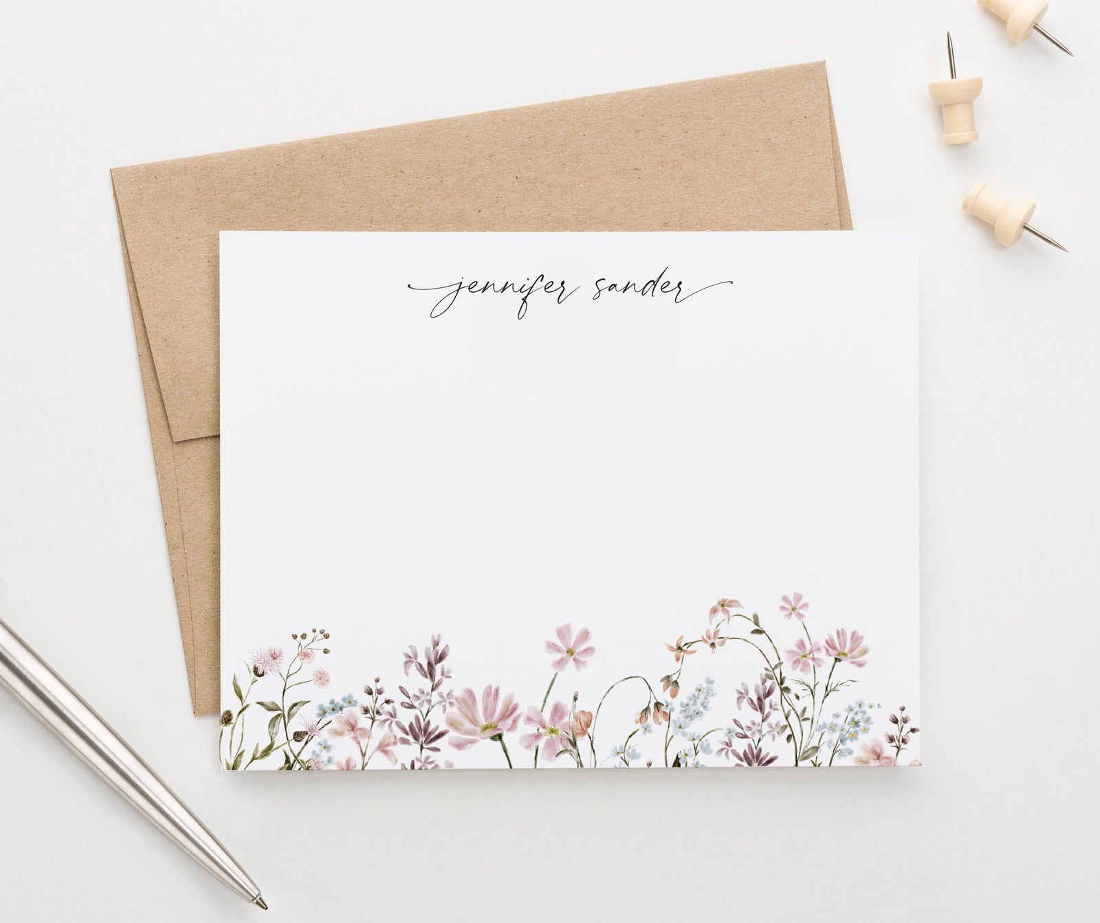 Soft Pink Wildflower Notecards Personalized
