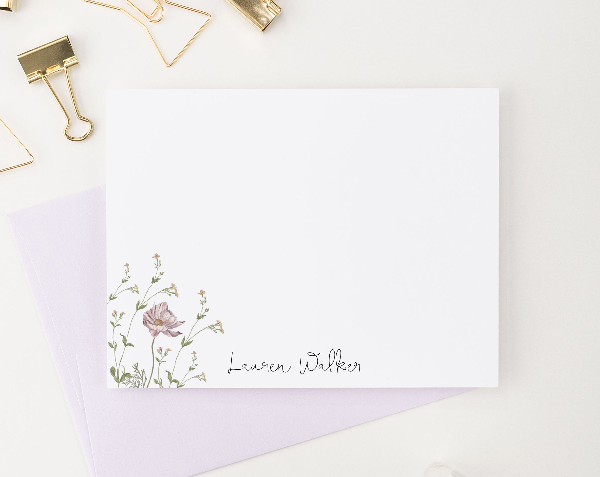 Soft Purple Wildflower personalised stationery Note Cards