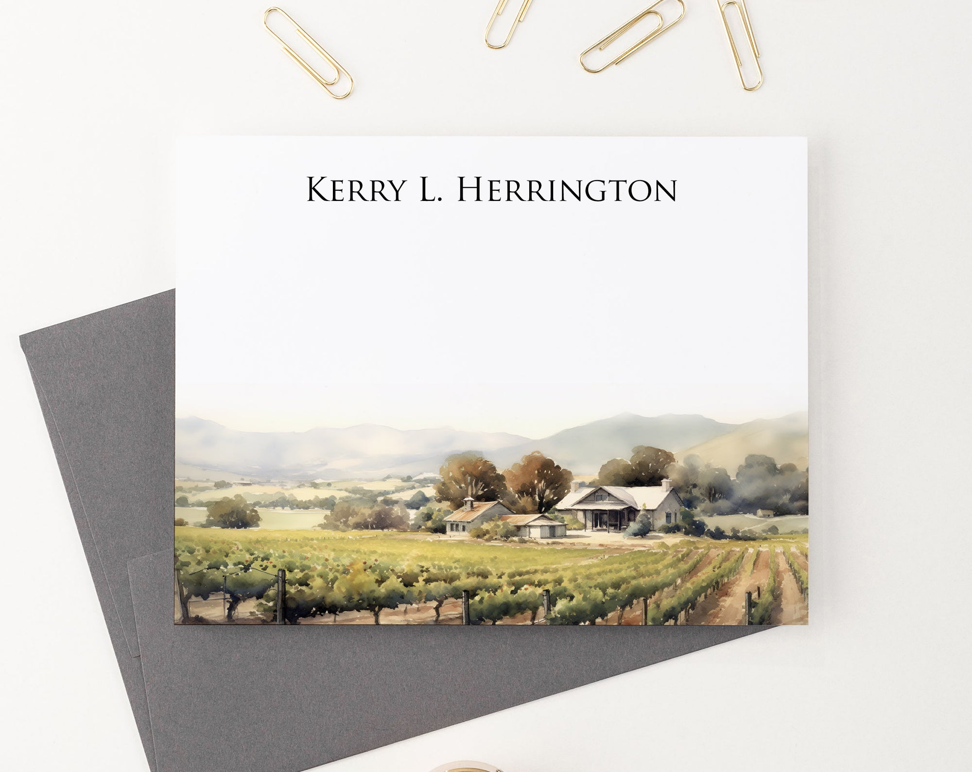 Folded Personalized Watercolor Vineyard Stationery Cards