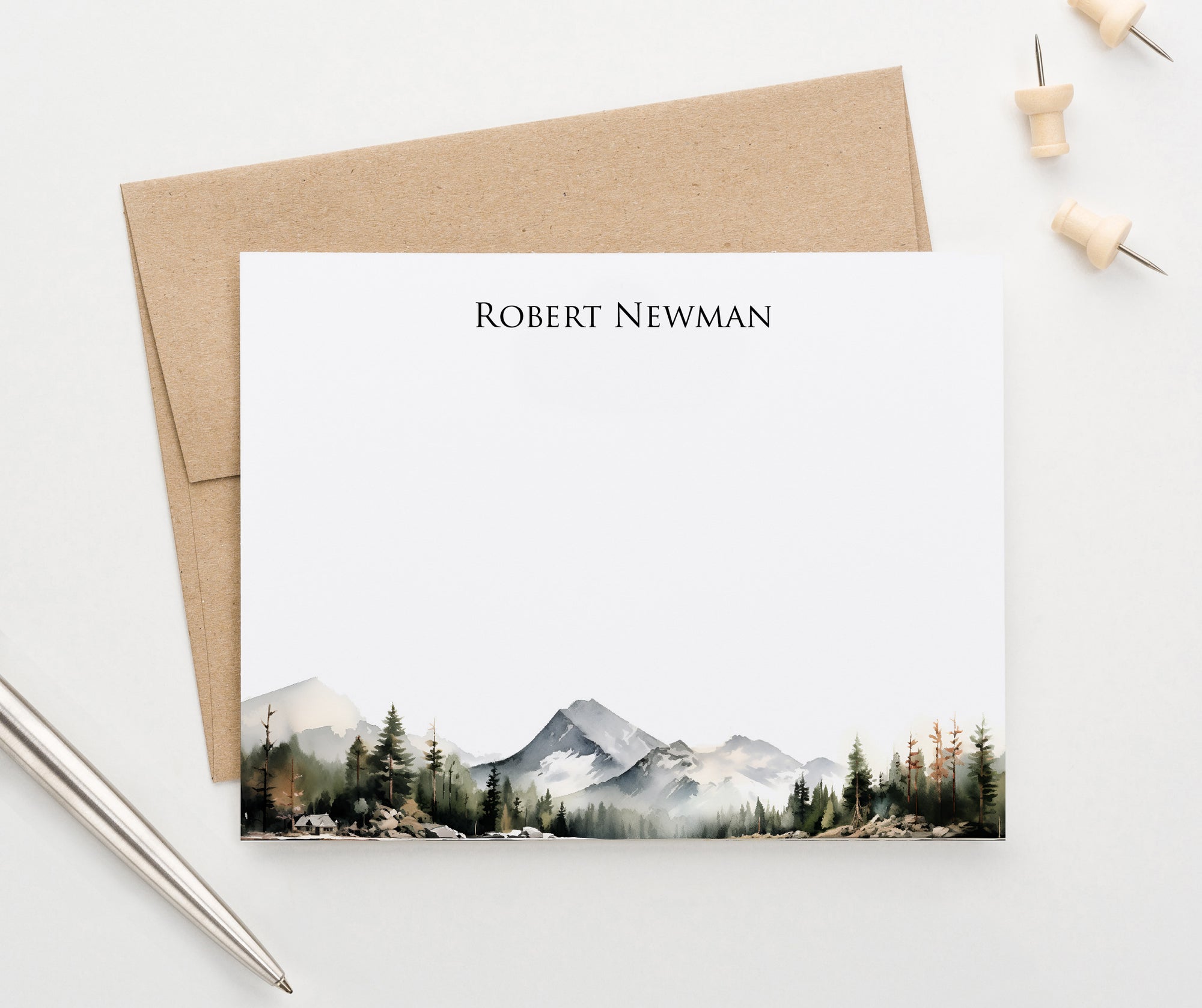 Personalized Watercolor Mountain Landscape Stationery With Forest