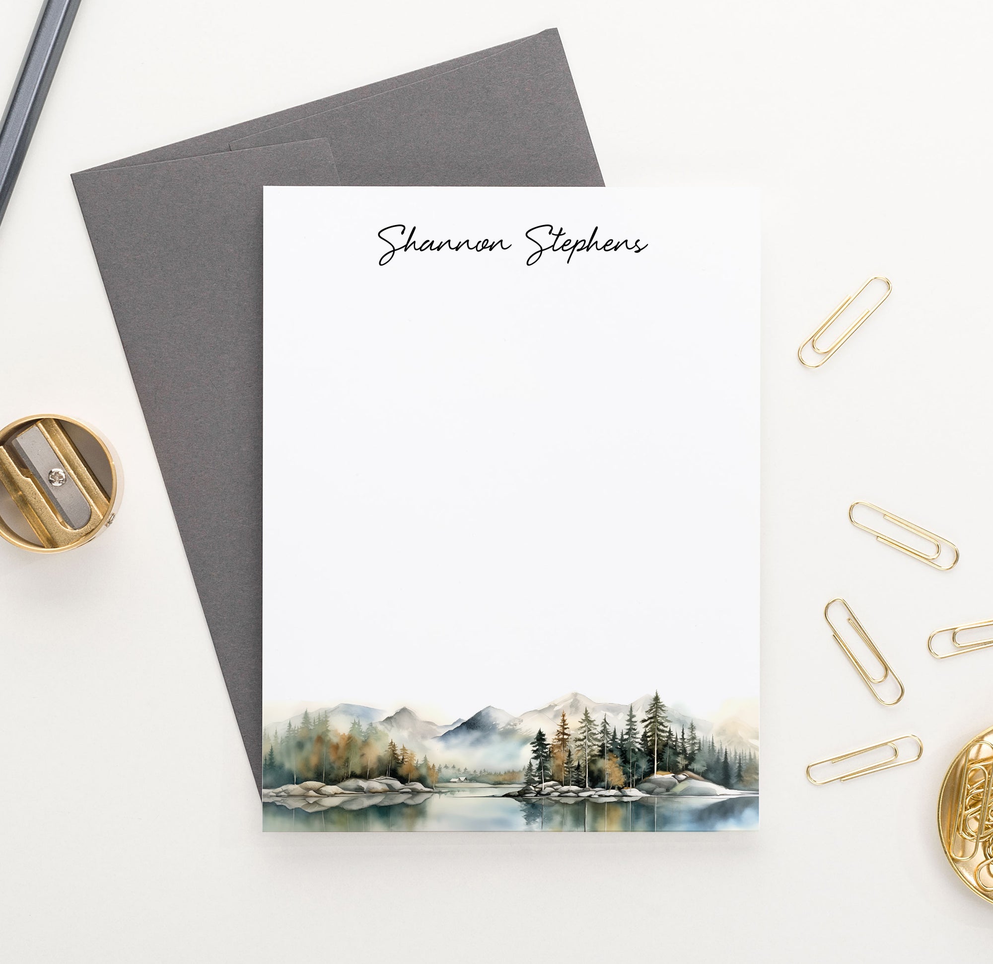 Personalized Lake Stationery Cards With Mountains
