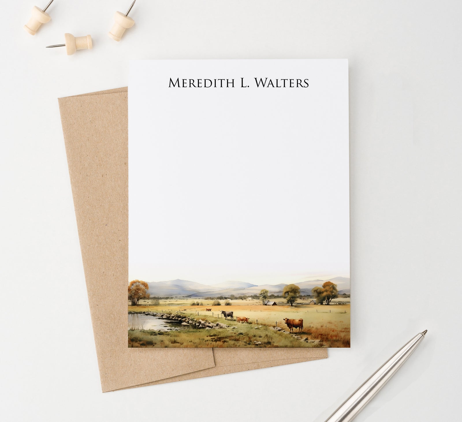 Personalized Pasture Landscape Stationery Cards With Cows