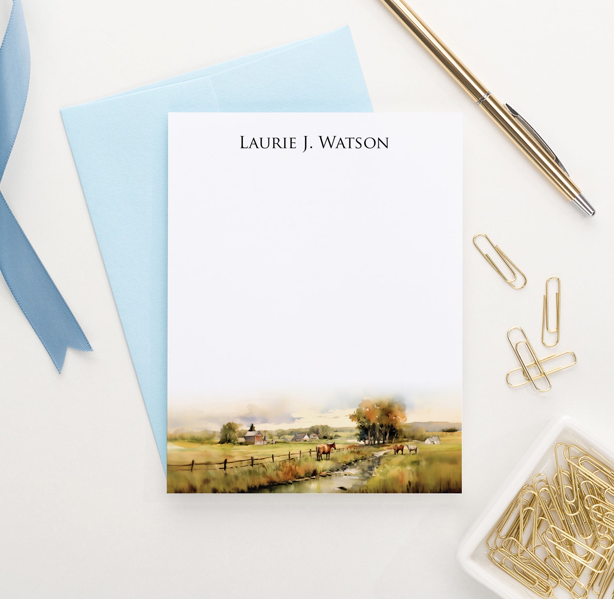 Personalized Watercolor Farm Landscape Note Cards With Horses