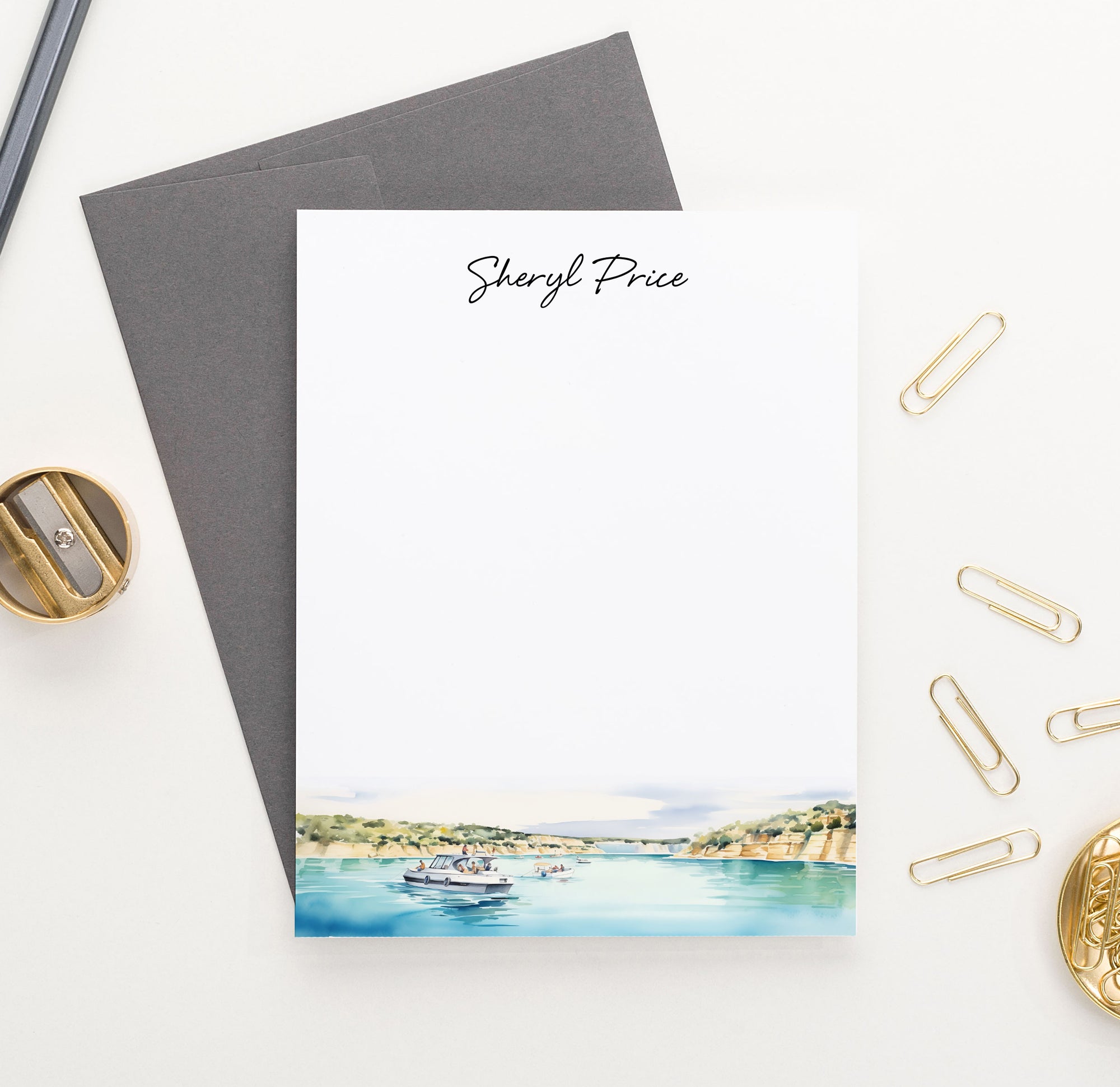 Watercolor Personalized Lake Landscape Stationery With Boat