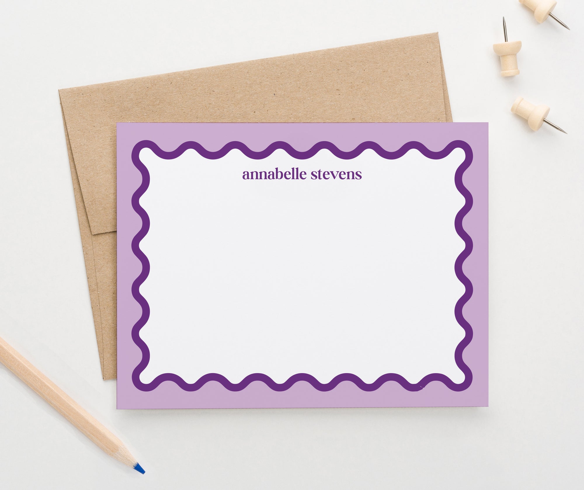 Fun Wavy Border Custom Stationery Note Cards With Name