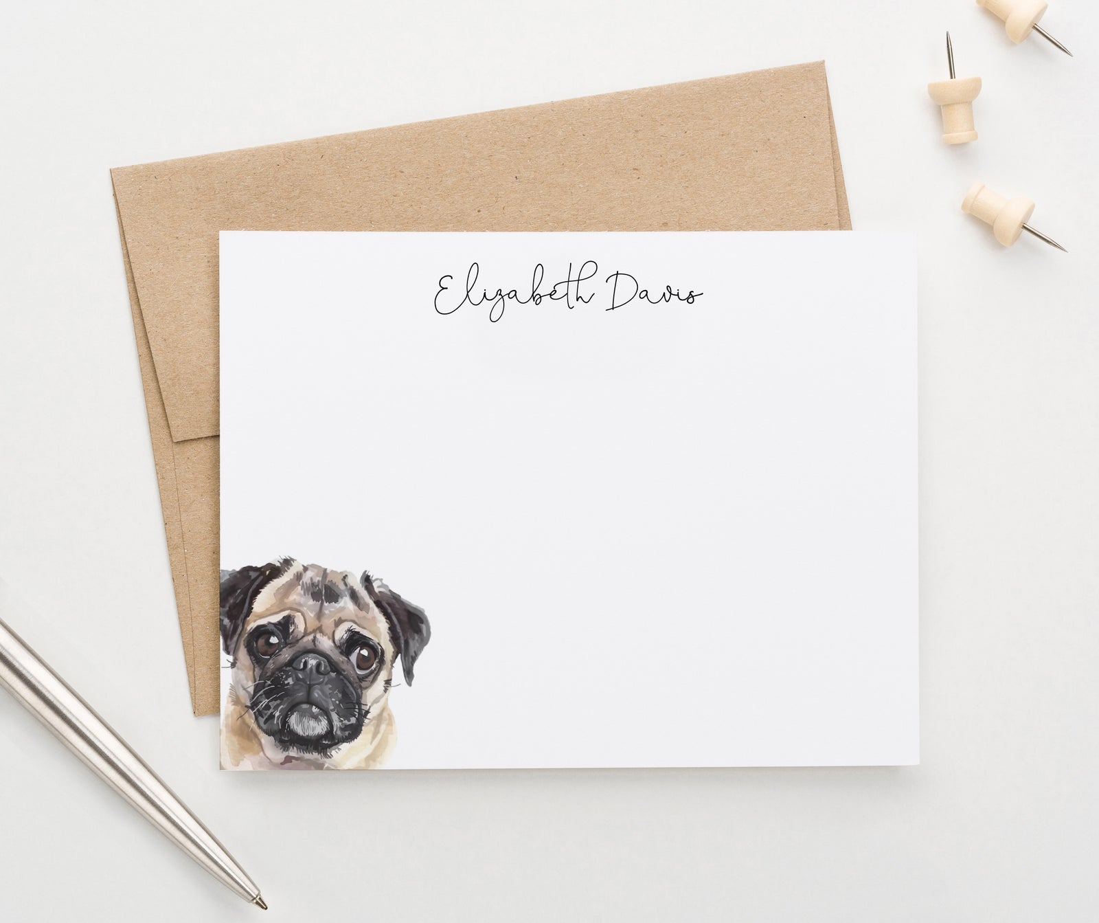 Personalized Watercolor Pug Note Cards Or Choose Your Dog Breed