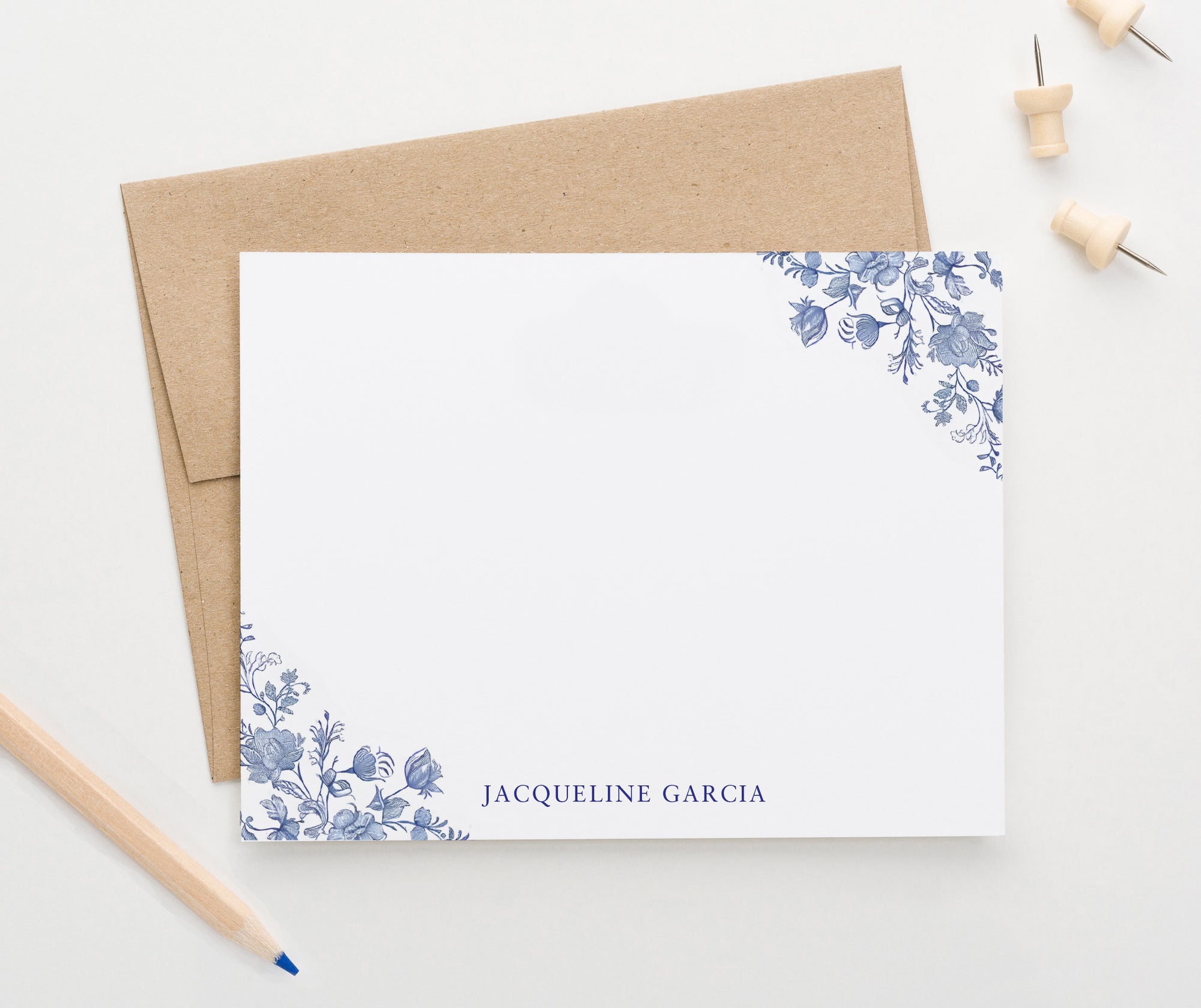 Contemporary Custom Blue Flower Border Stationery Cards