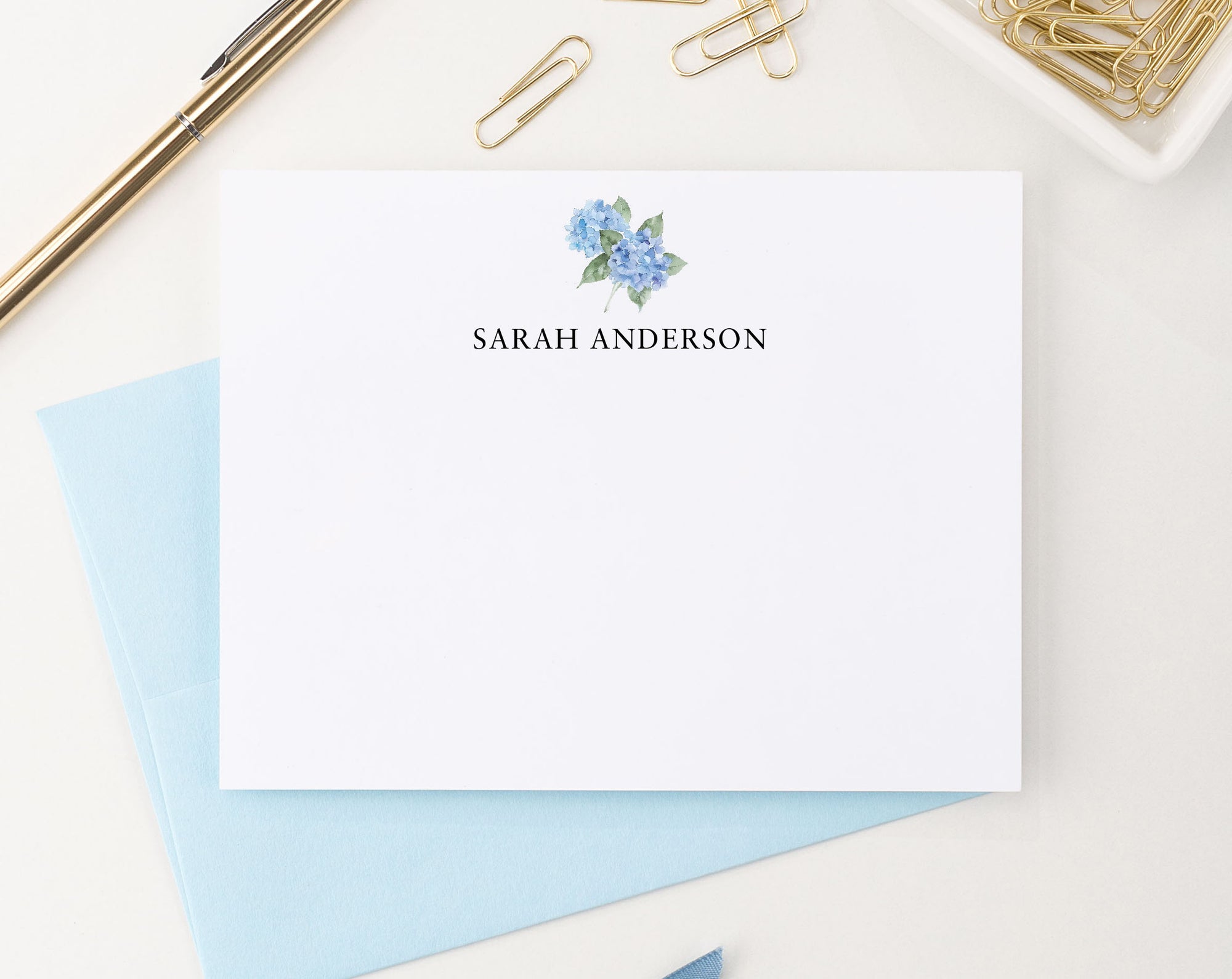 Delicate Personalized Blue Hydrangea Stationery With Name