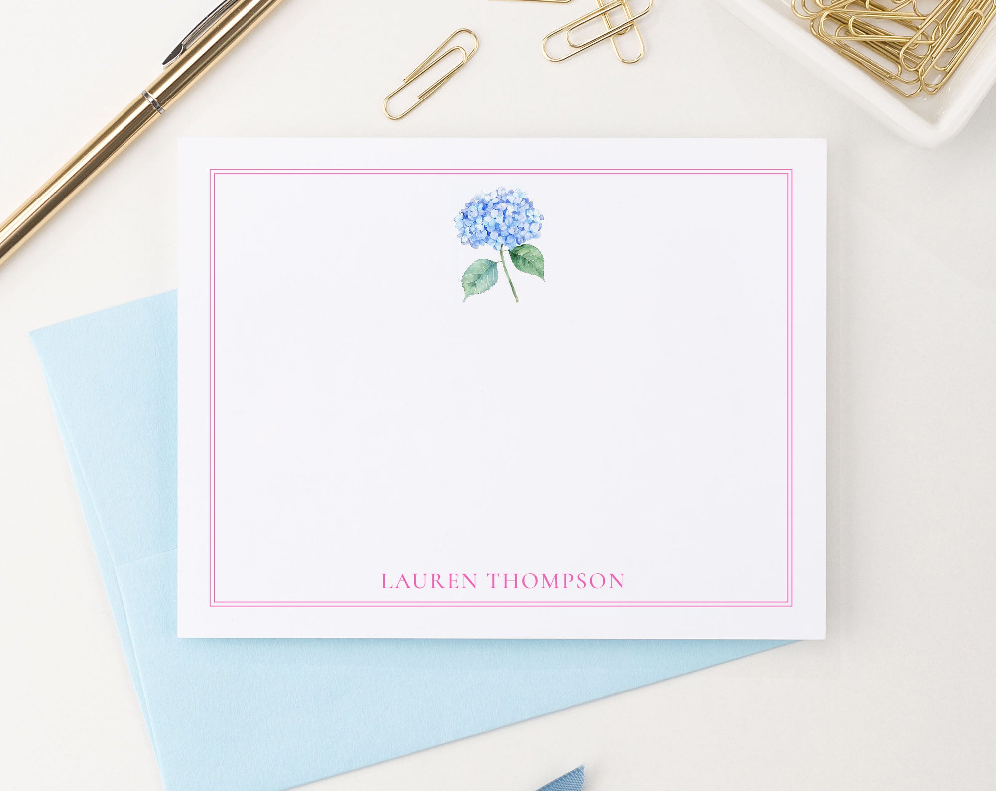 Watercolor Personalized Blue Hydrangea Note Cards 