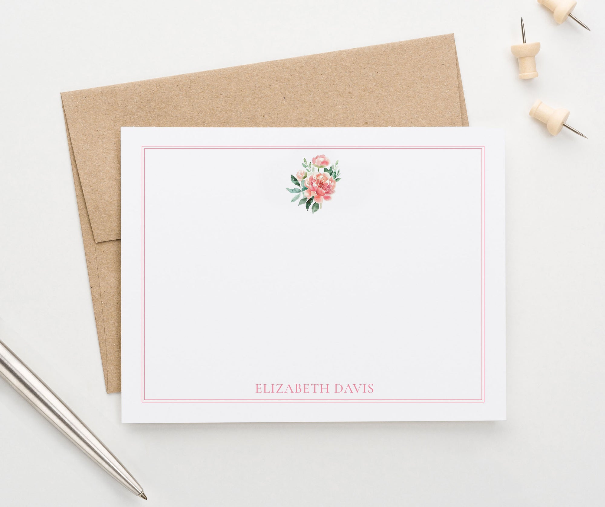 Elegant Personalized Peony Note Cards With Envelopes