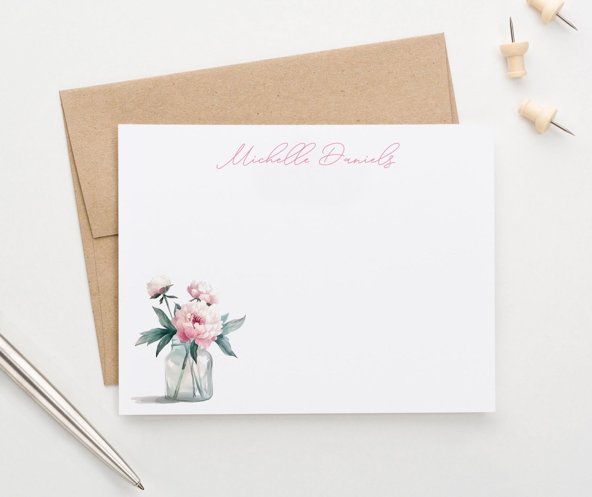 Watercolor Personalized Peony Stationery With Flowers 