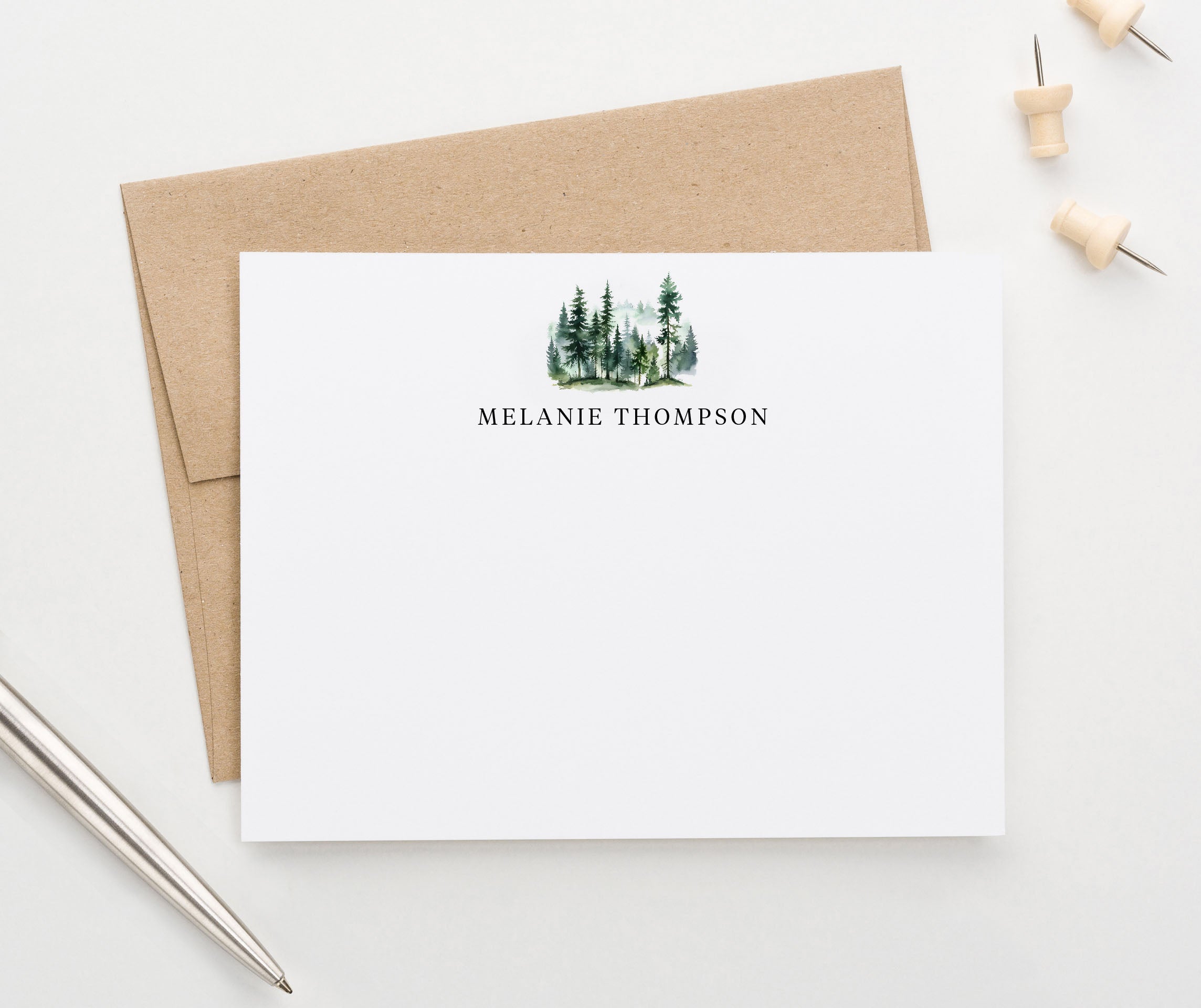 Nature Inspired Custom Note Cards With Watercolor Trees - Modern Pink Paper