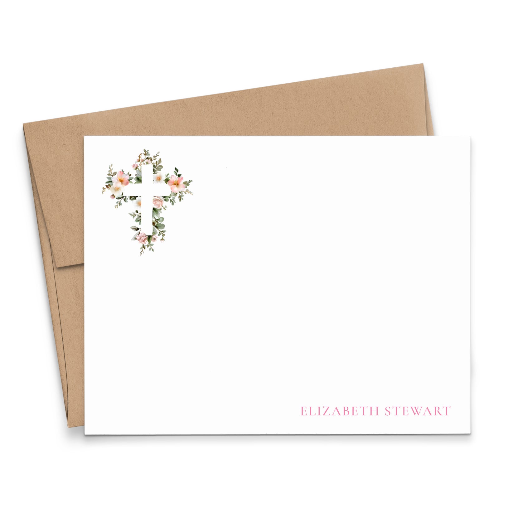 Classy Floral Personalized Stationery Cards With Cross