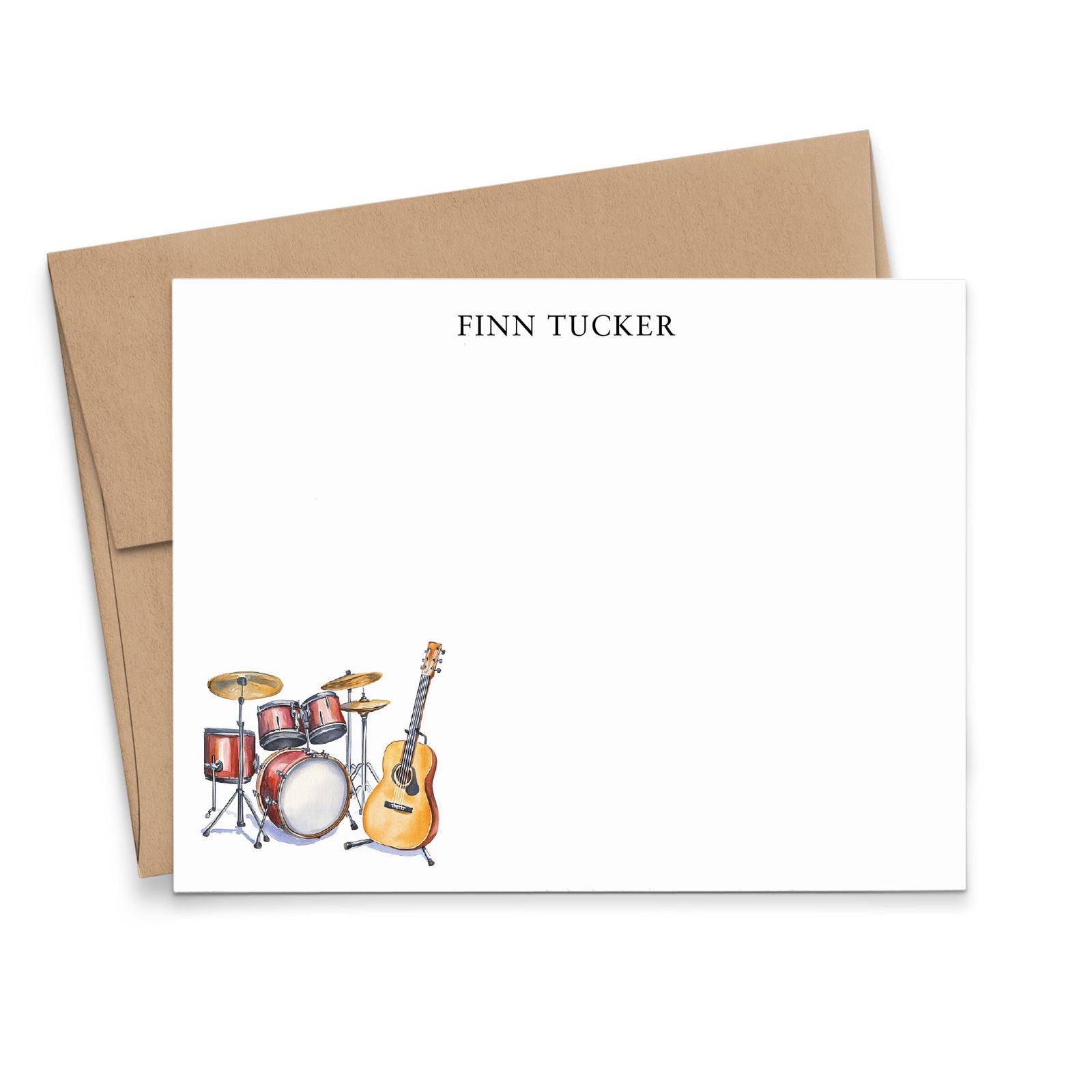 Music Themed Stationery Note Cards With Drums And Guitar