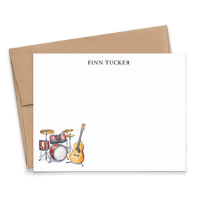 Music Themed Stationery Note Cards With Drums And Guitar