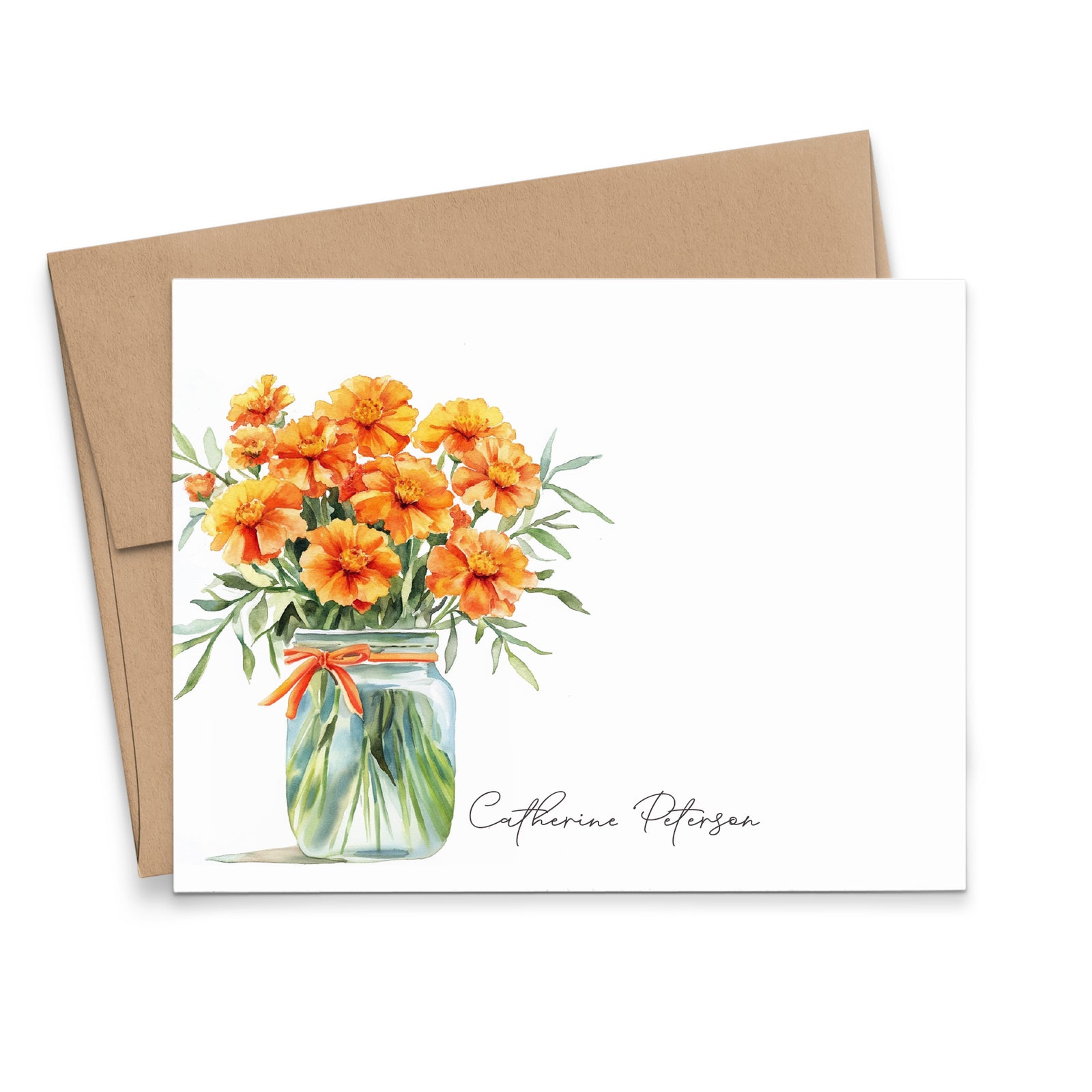 Mason Jar Stationery Cards With Marigold Flowers