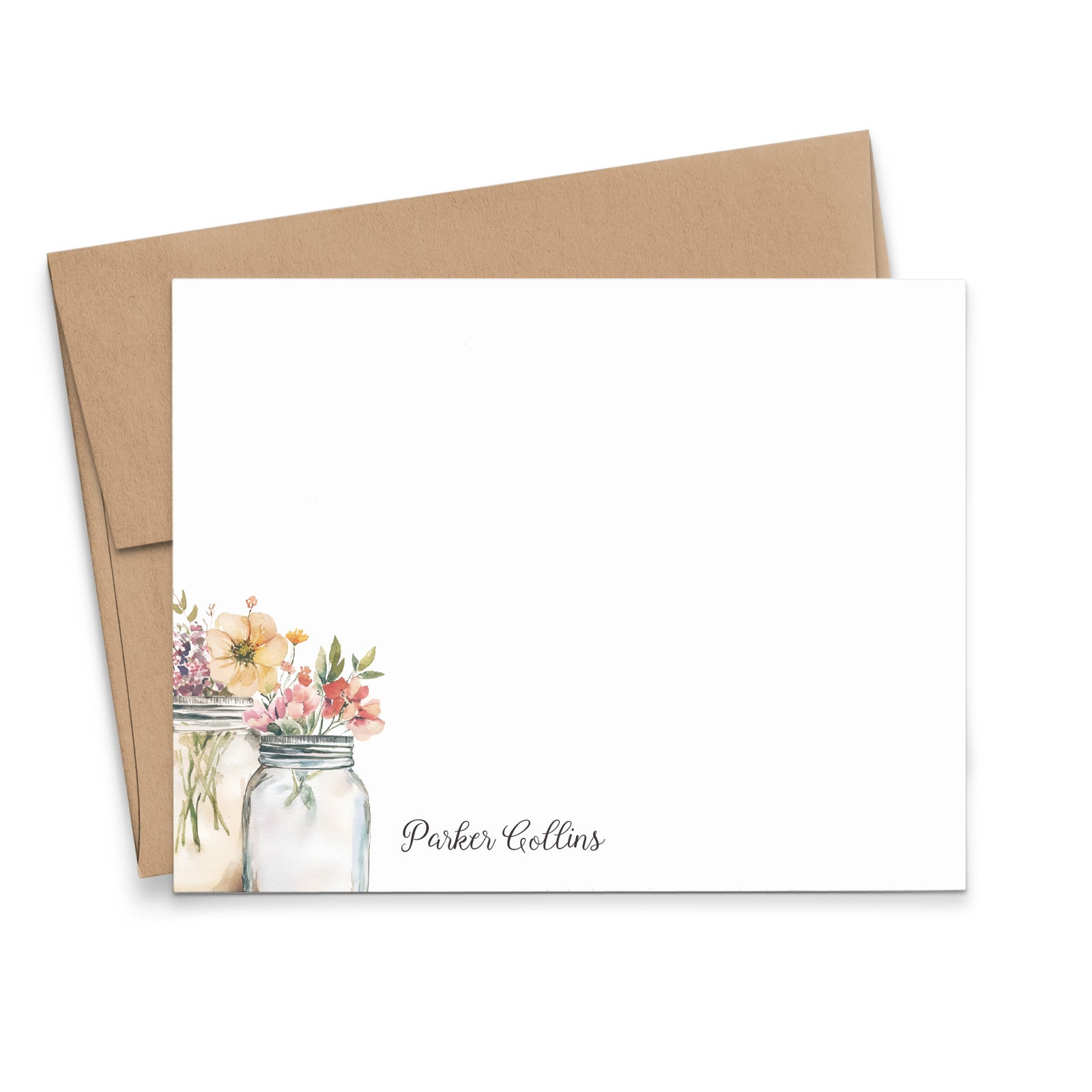 Mason Jar Floral Personalized Note Cards With Name