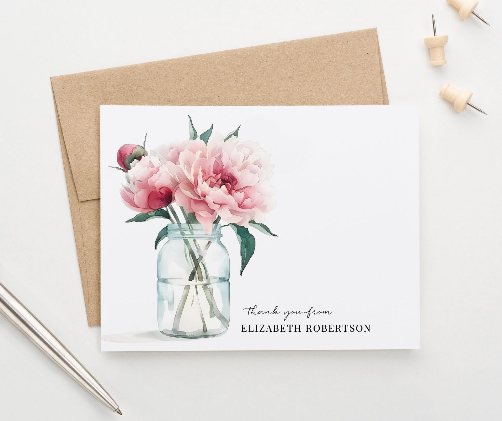 Folded Custom Watercolor Peony Thank You Cards With Name