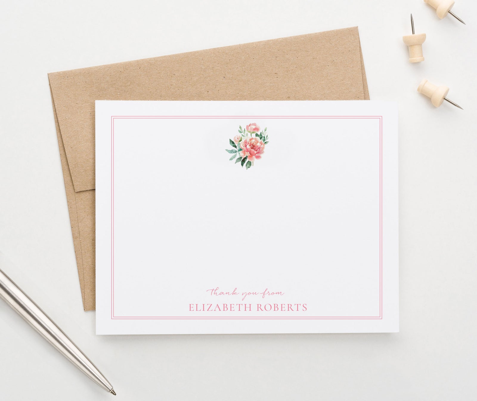 Personalized Pink Peony Thank You Notes With Envelopes
