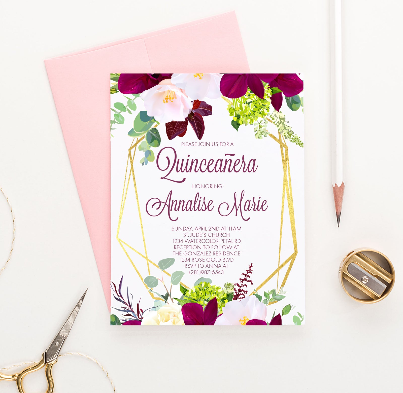 Custom Elegant Burgundy Floral Quinceanera Invitations With Gold Frame