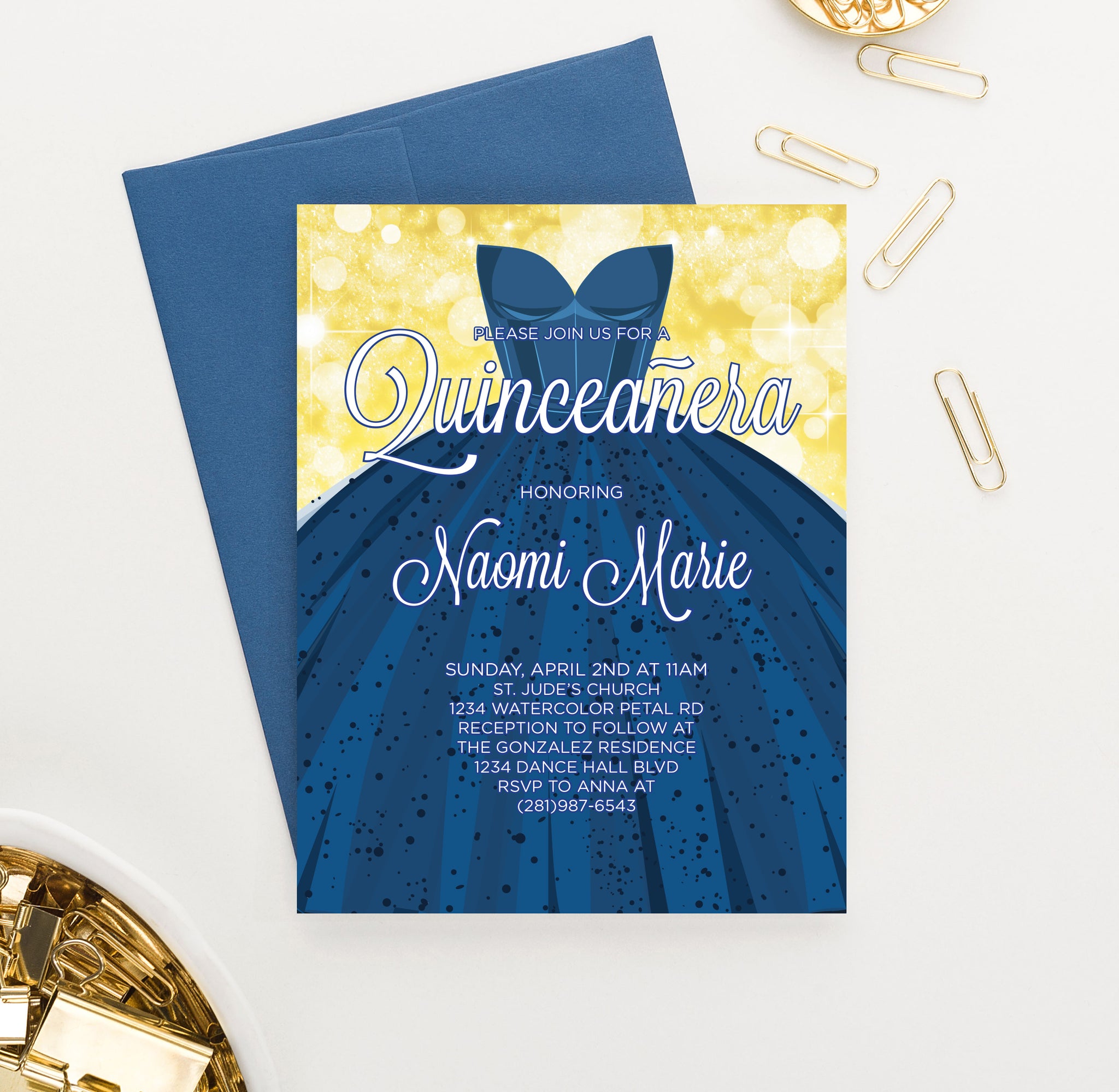 Elegant Blue Dress Quinceanera Invitations Personalized - Modern Pink Paper Elegant Blue Dress Quinceanera Invitations Personalized - Modern Pink Paper