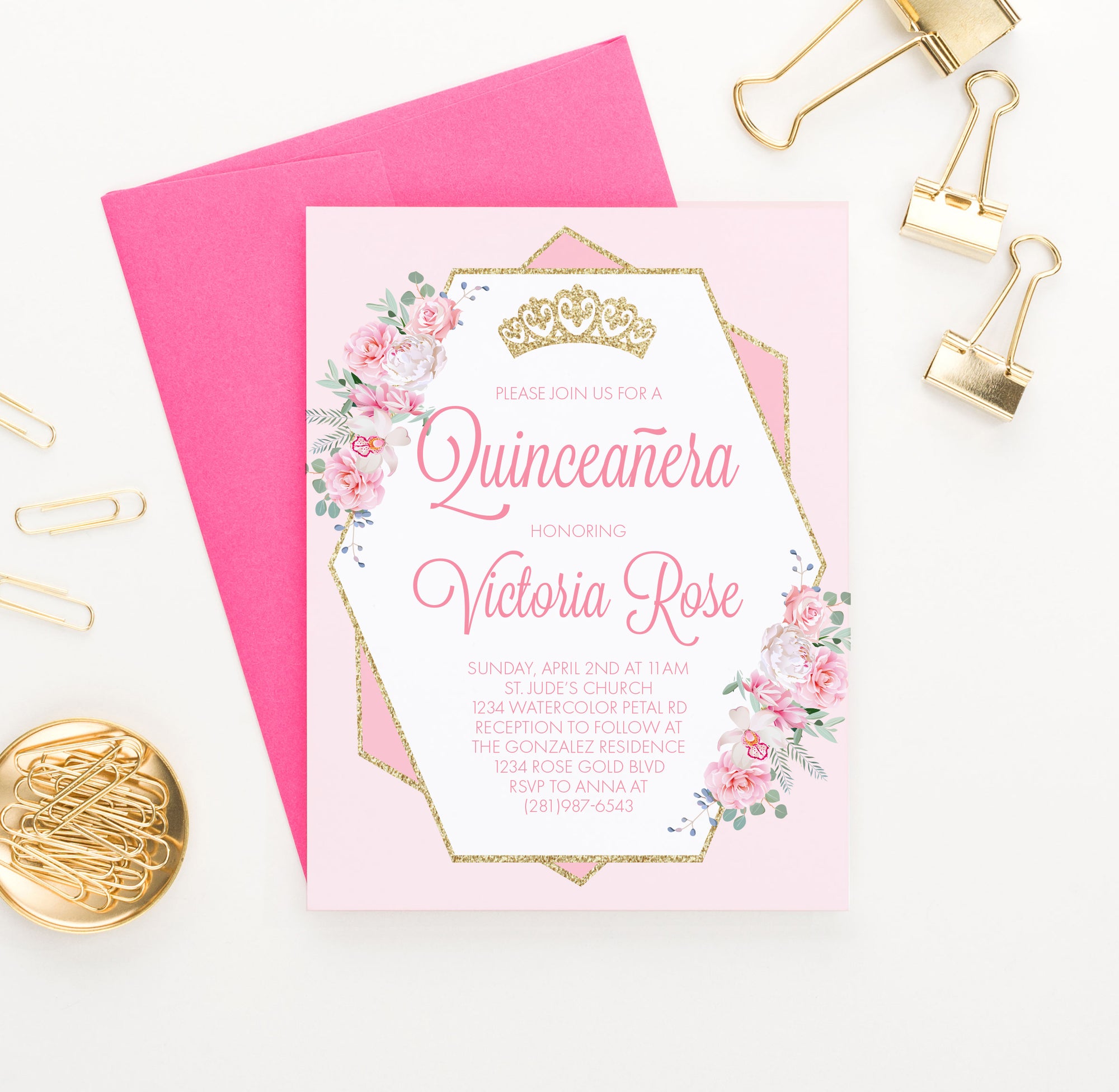 Personalized Pink Quinceanera Invitations With Crown And Florals