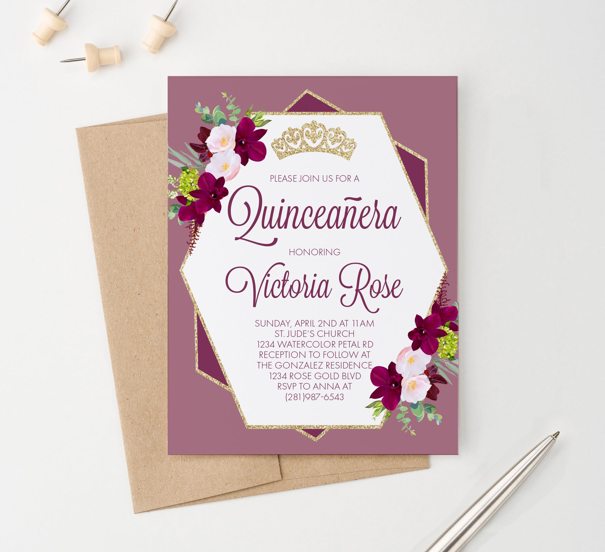 Personalized Burgundy Quinceanera Invitations With Crown And Florals