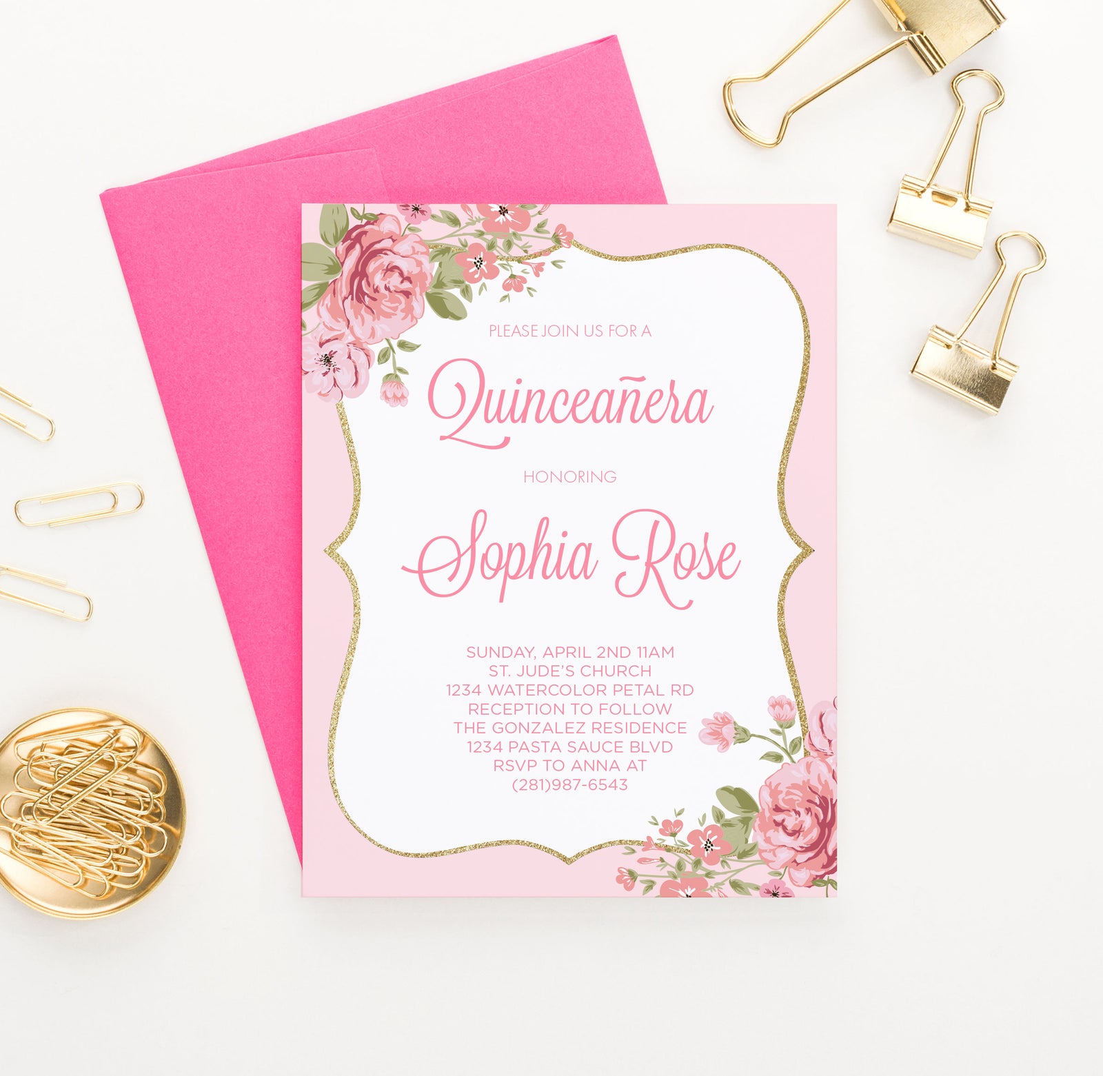 Personalized Pink Elegant Quinceanera Invitations With Florals 