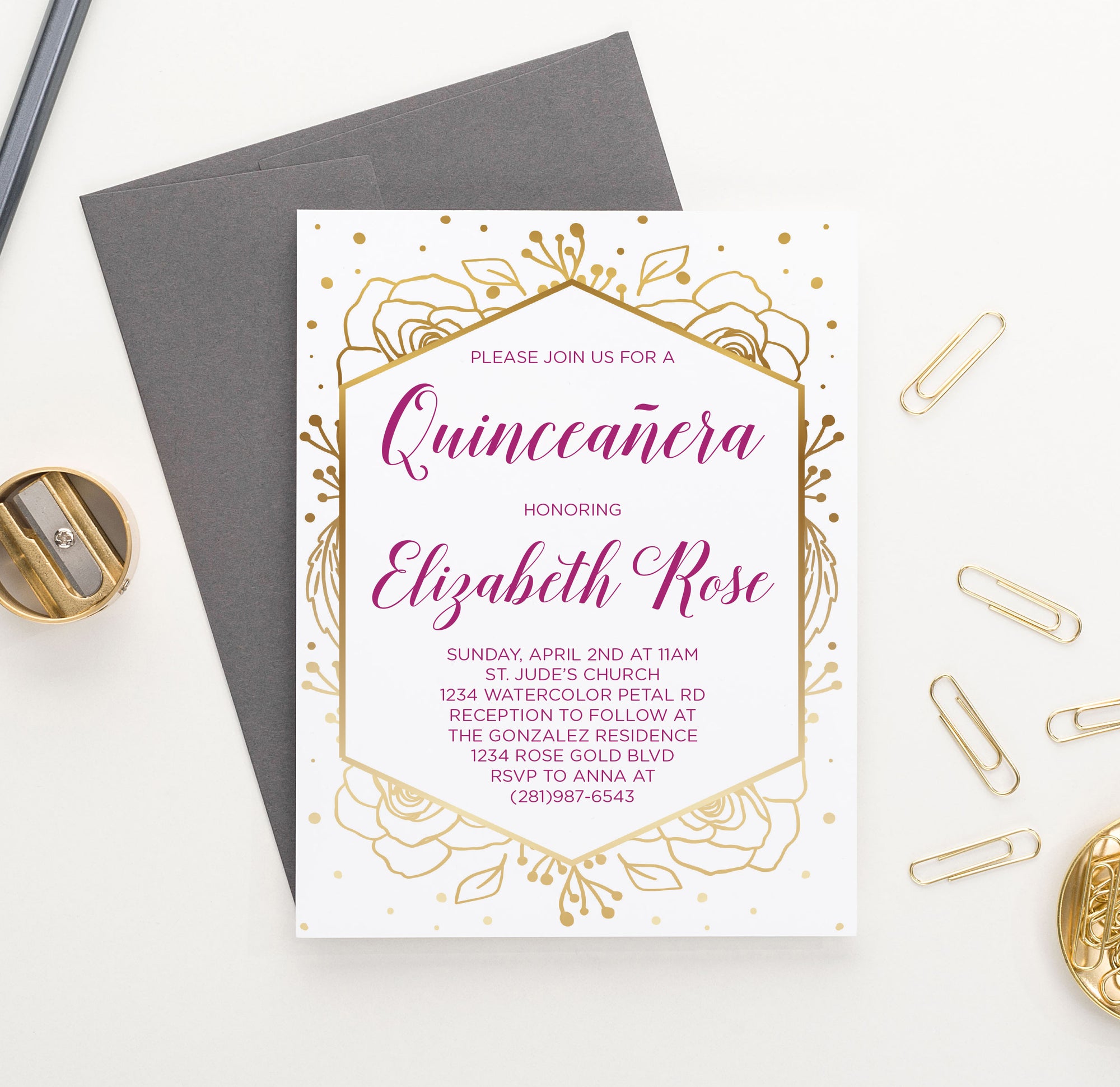 Gold Floral Frame Quinceanera Invitations Personalized