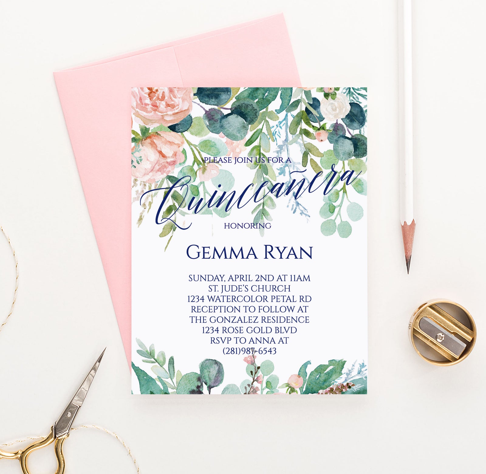 Personalized Greenery Quinceanera Invitations Watercolor