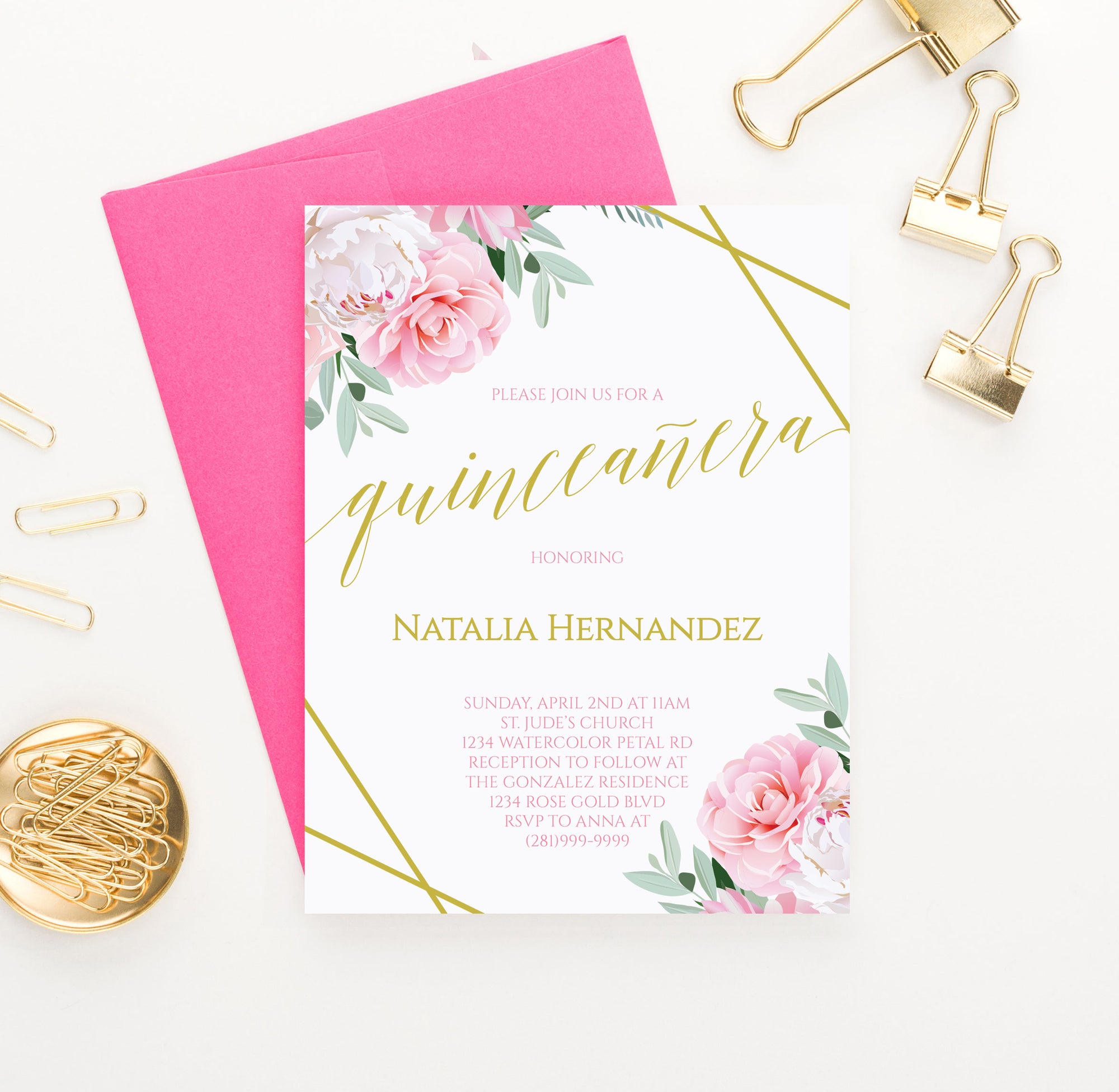 Personalized Pink And Gold Quinceanera Invitations With Floral Corners