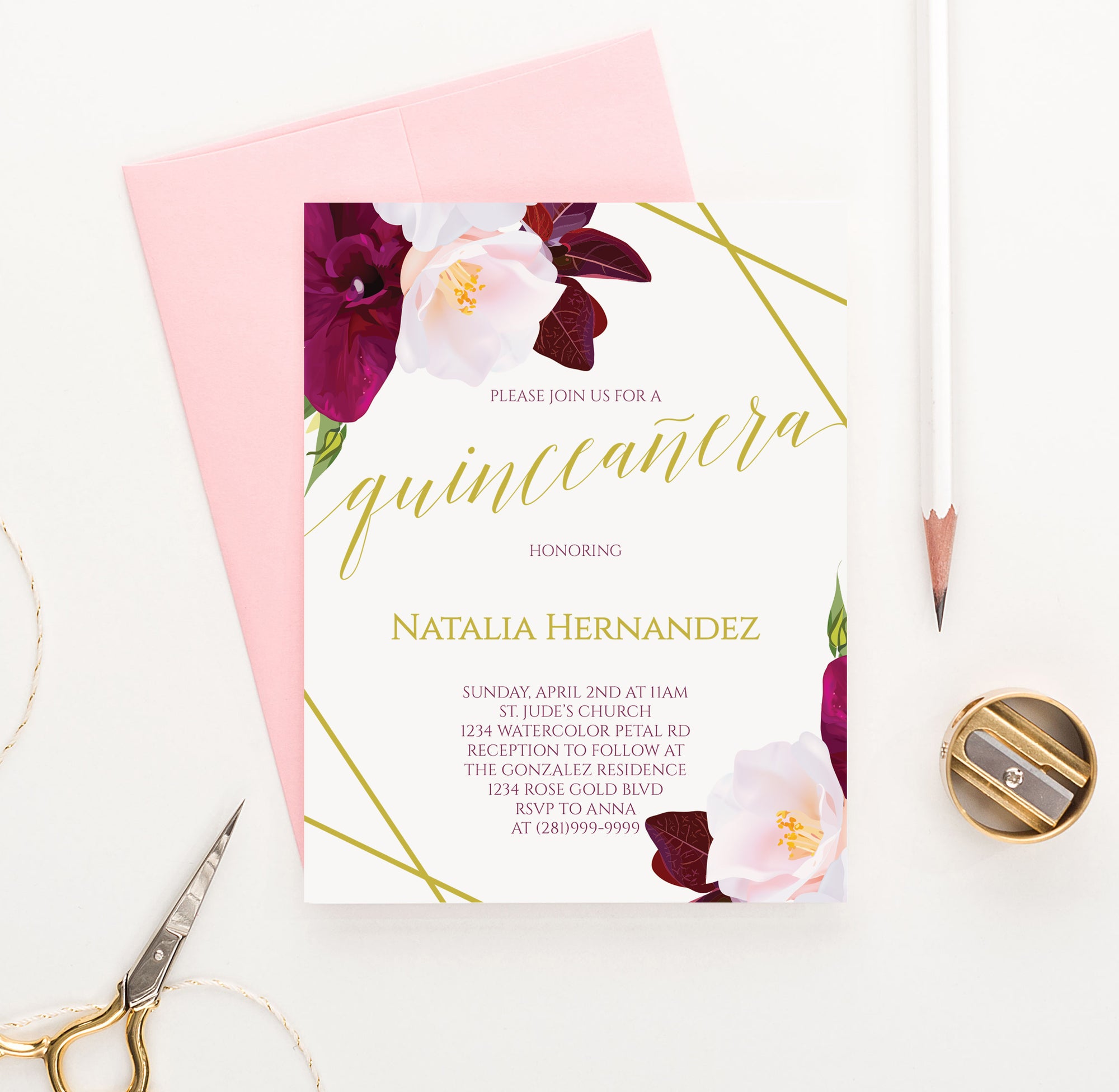 Burgundy And Pink Floral Quinceanera Invitations Personalized