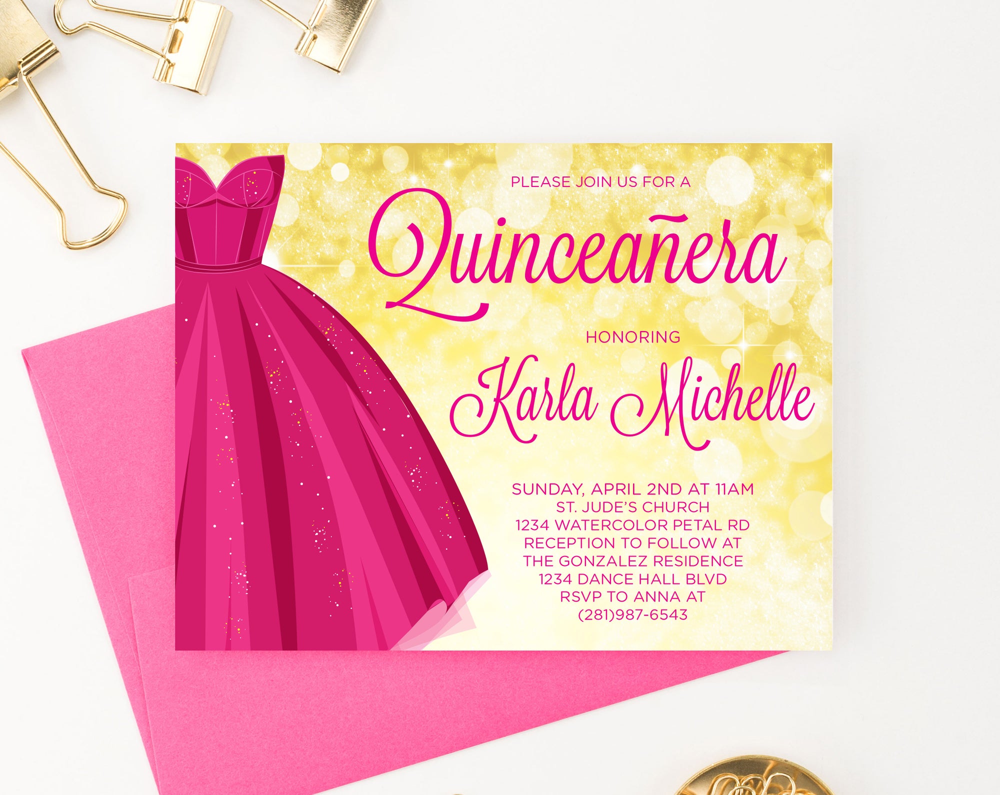 Elegant Pink Dress Quinceanera Invitations With Gold Personalized