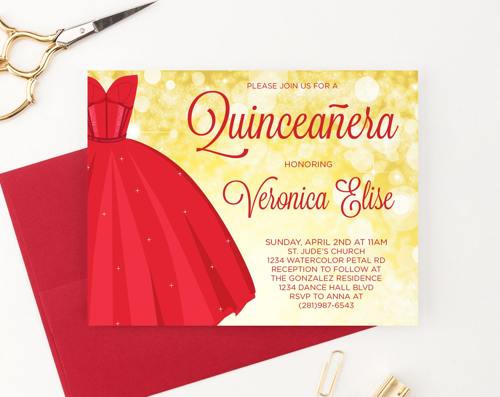 Elegant Red Dress Quinceanera Invitations With Gold Personalized