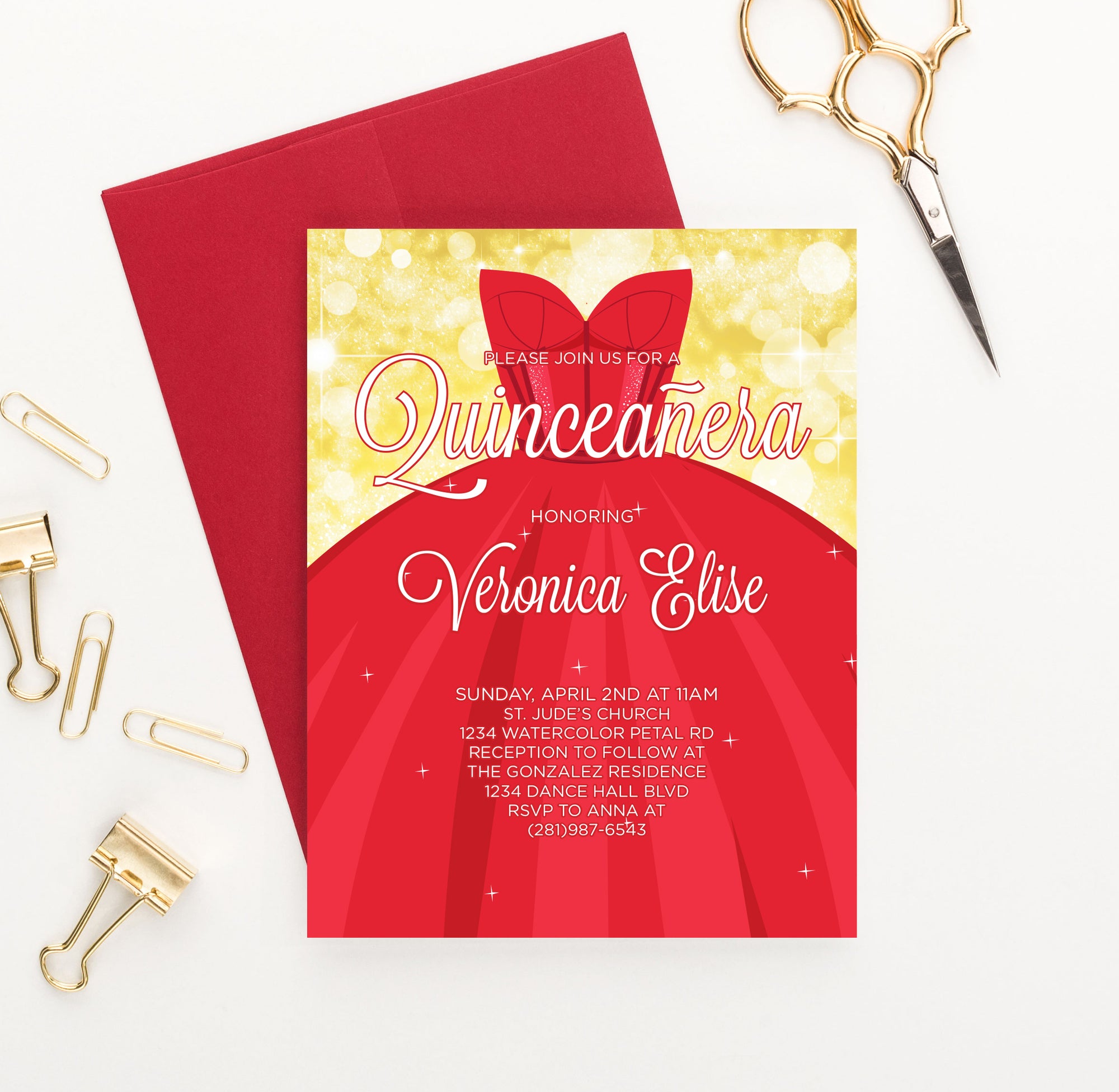 Elegant Red Dress Quinceanera Invitations Personalized